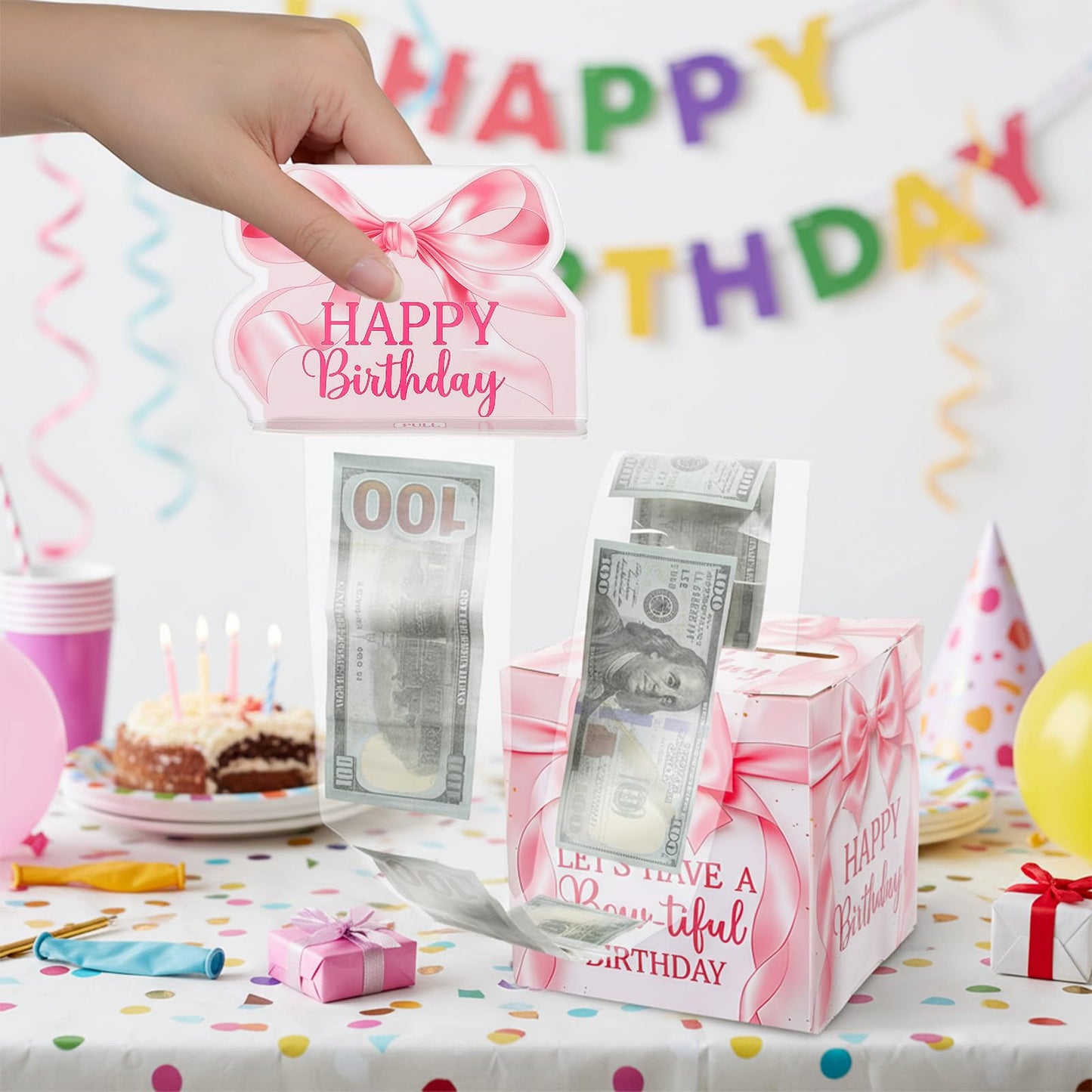 Ajcotahm Birthday Money Pull Box, Pink Bow Birthday Money Gift Box for Cash Birthday Surprise Boxes with 50 Transparent Bags Birthday Party Decorations for Women Girls