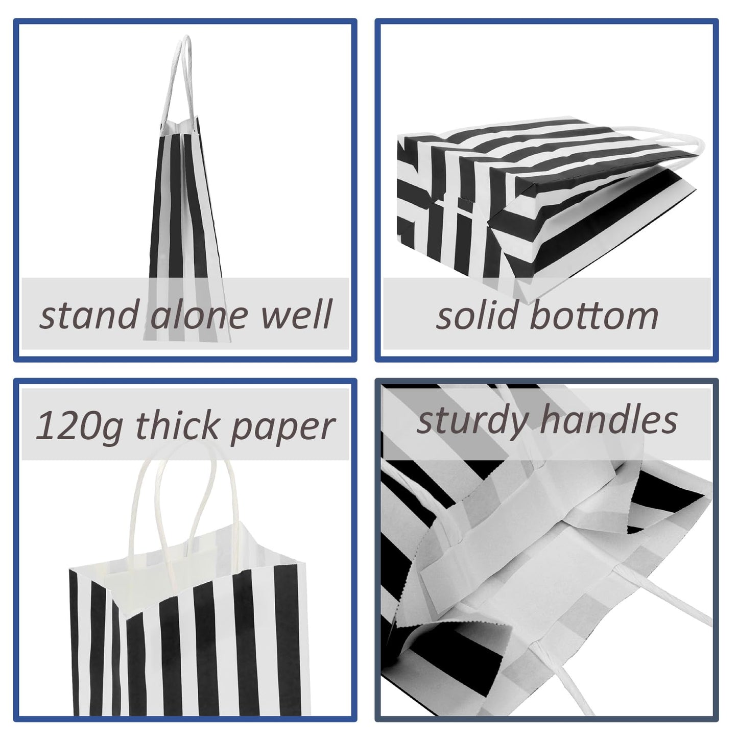 Ronvir 50Pcs Small Gift Bags, 5.25x3.25x8 Inches Black & White Striped Recycled Kraft Paper Bag with Handles Bulk for Christmas, Party Favors, Shopping, Goodie, Birthday, Retail, Halloween,Business,Gift Wrapping