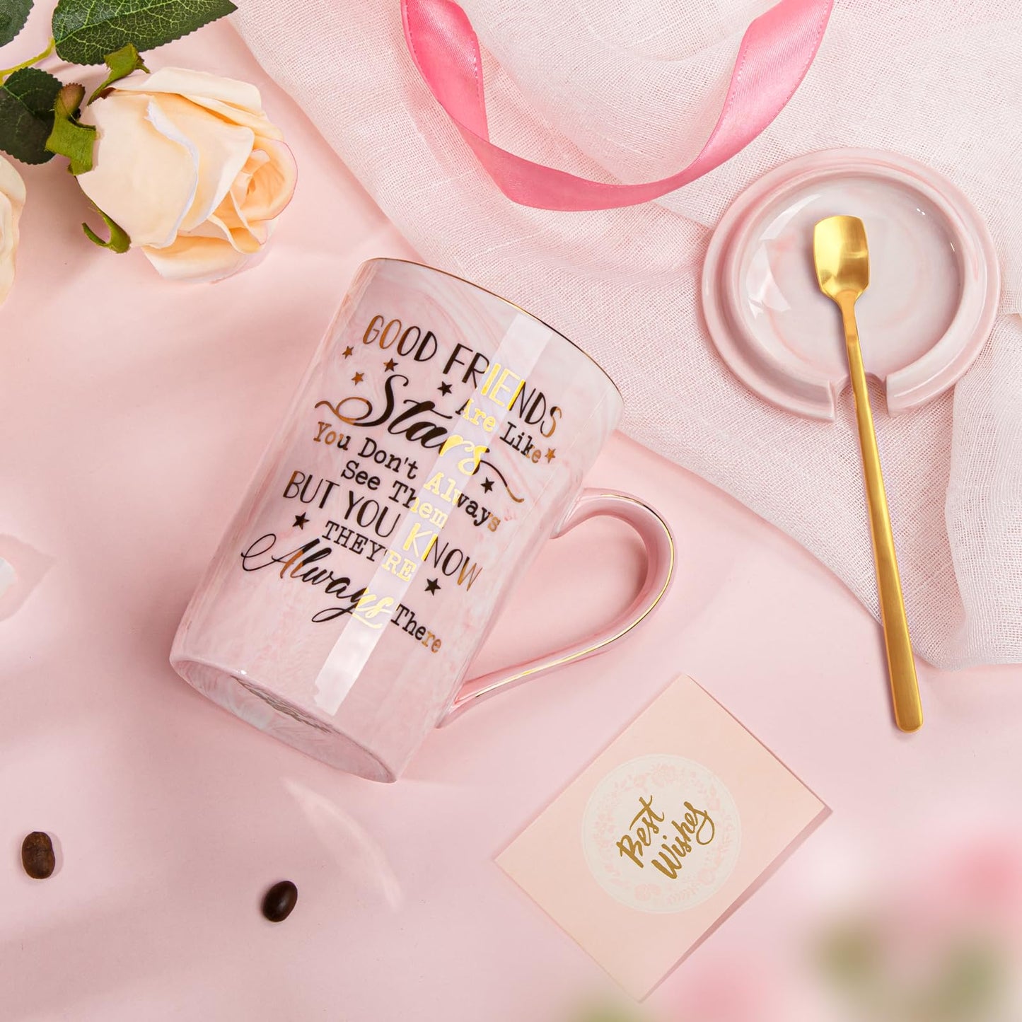Best Friend Birthday Gifts for Women, Friendship Gifts for Women, Unique Mothers Day Birthday Gift Ideas for Her, Friends Female, Besties, BFF Ceramic Marble Coffee Mug Gift Box Printed Gold 14 oz