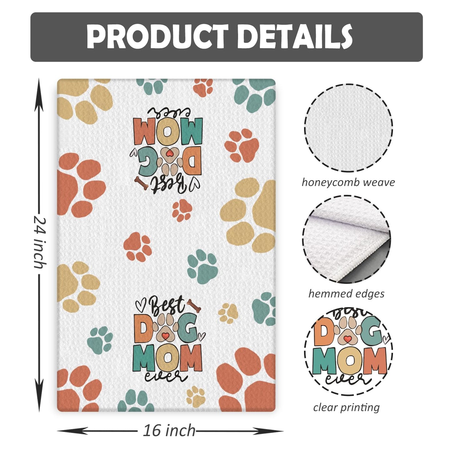 COWEB Dog Mom Gifts Kitchen Towels, Dog Lovers Owners Gifts for Women, Colorful Dogs Paws Hand Towels for Bathroom, 16x24 Inches