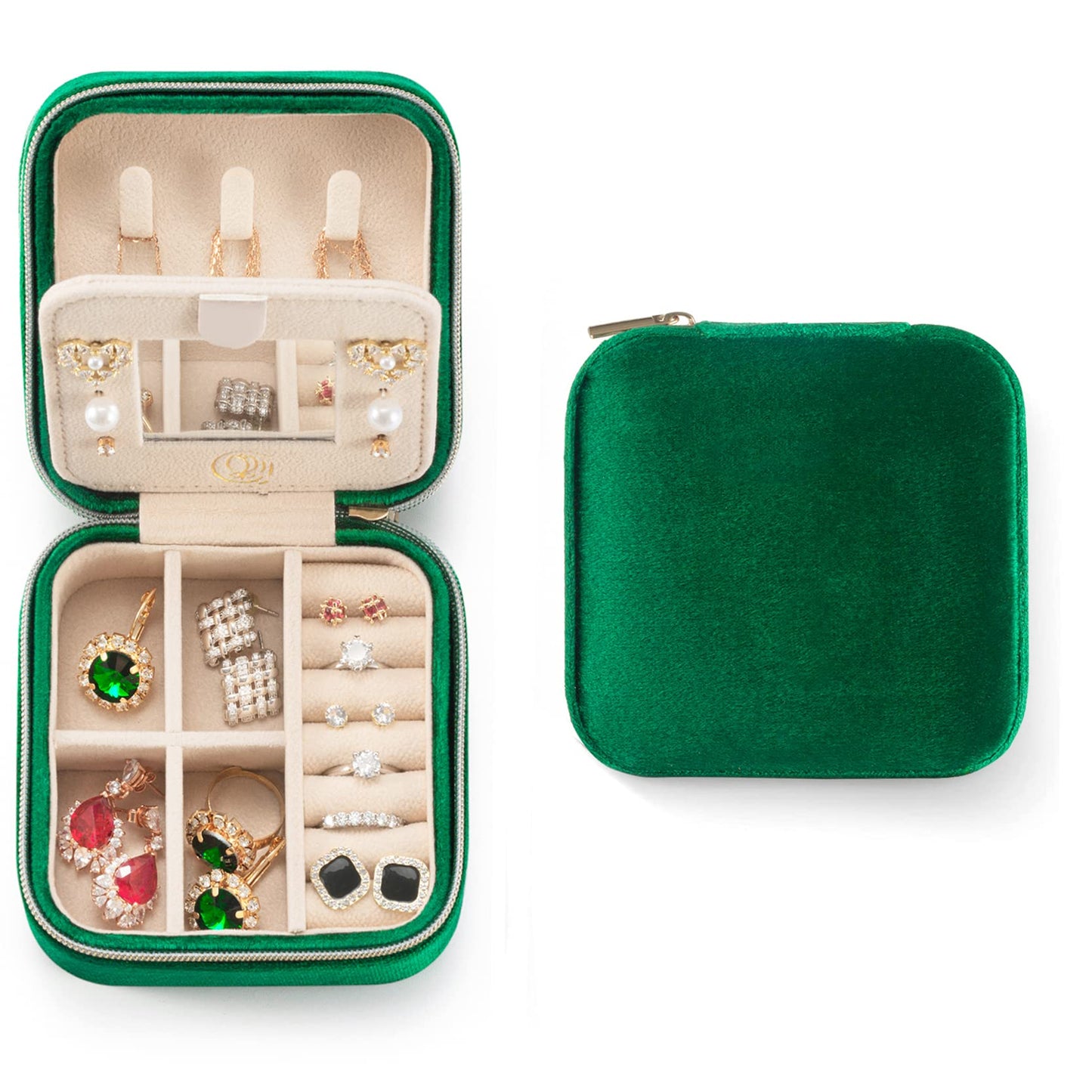 ZPROW Plush Velvet Travel Jewelry Case, Organizer, Box, Small Case for Women, Earring Organizer with Mirror, Best Gifts For Daughter, Girlfriend, Mom | Gifts For Her - Emerald Green
