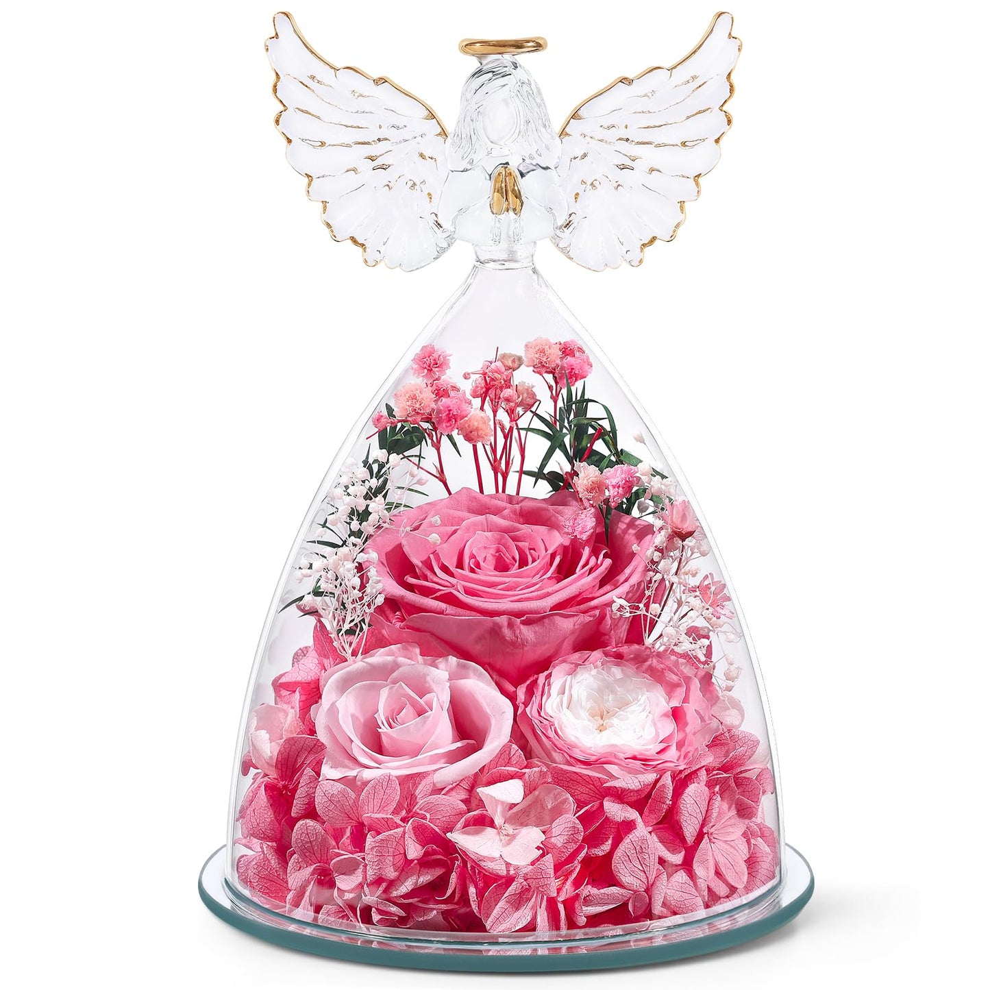 FIACO Gifts for Mom Women Birthday Preserved Rose in Glass Angel Figurine Forever Fresh Flower for Delivery, Mothers Day Flowers Gifts for Grandma Wife Daughter Pink