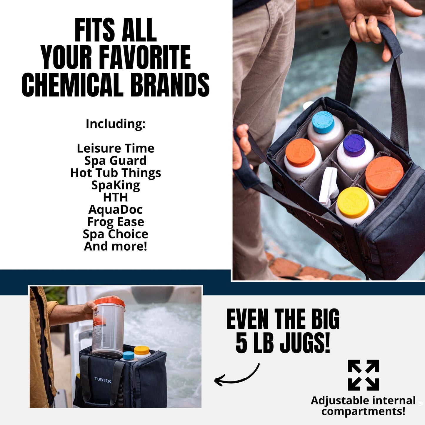 TUBTEK Hot Tub Chemical Bag (Black) | Hot Tub Storage For All Your Hot Tub Chemicals & Hot Tub Accessories | Holds All Major Chemical Brands and Essential Spa Accessories for Hot Tub
