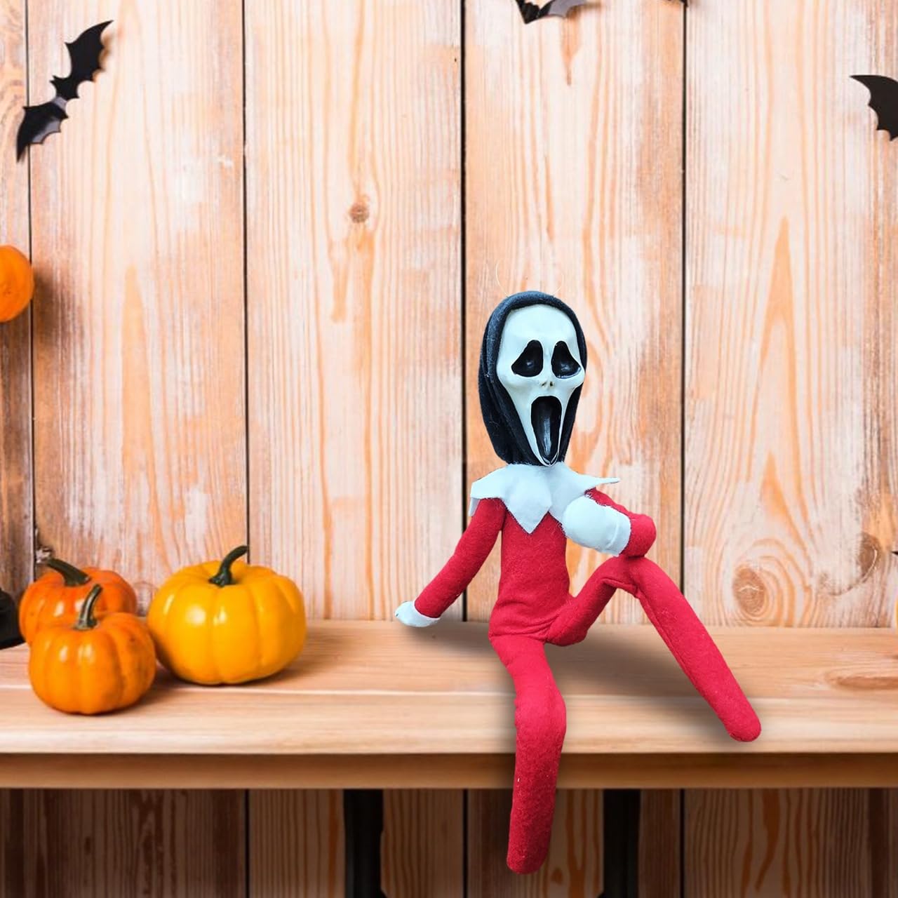Party Monkeys Bend and Pose Creepy Ghost Masked Elf Decoration 35cm – Handmade Horror-Inspired Ornament for Christmas, Halloween & Holiday Party Décor – Spooky Collectible with Sinister Expression