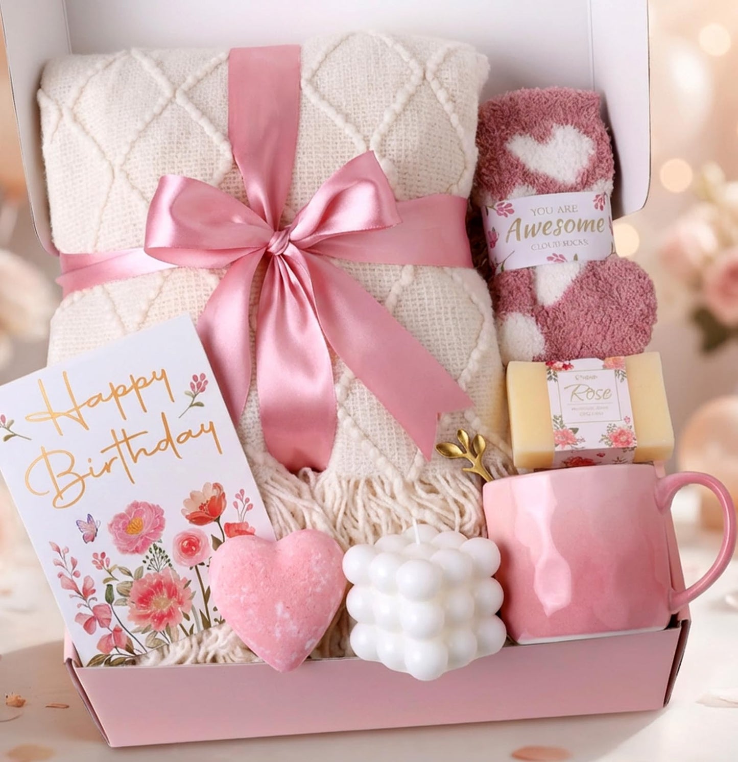 Coralogo Rose Themed Birthday Gifts for Women - Pink Birthday Spa Gift Basket for Women Unique 9pcs Self Care Gift Basket with Plush Knit Blanket for Mom Wife Girlfriend Bestie Her
