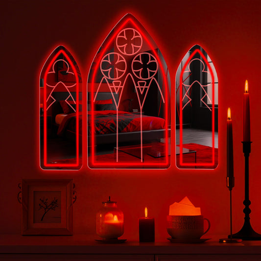 DUOLIYBC Gothic Neon Sign, Medieval Goth LED Mirror Sign Set, Window Mirror Signs for Wall Decor, Gothic Cathedral Decor, Witch Mirrors 20″ × 11.7″