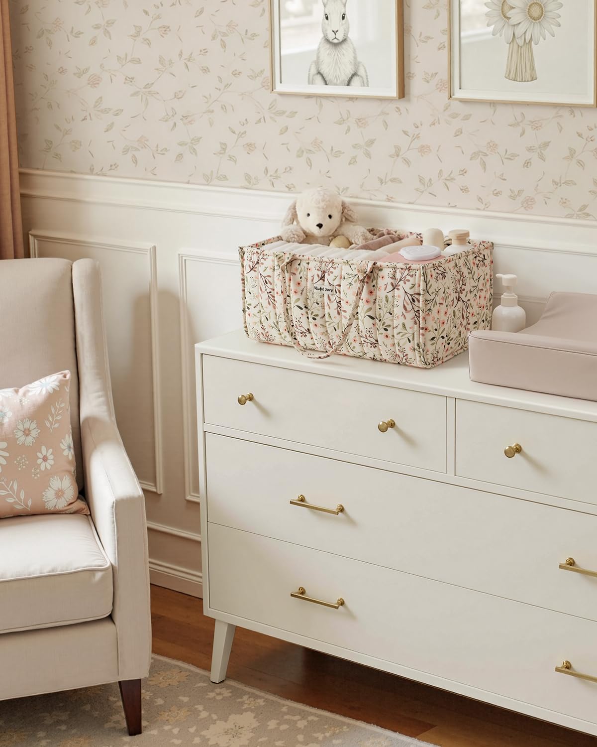 Blissful Diary Floral Diaper Caddy Organizer, Stylish Nursery Storage Basket, Diaper Bag,Gift for Baby Shower, Baby Registry Must Have, Newborn Essentials, Pastoral Daisy