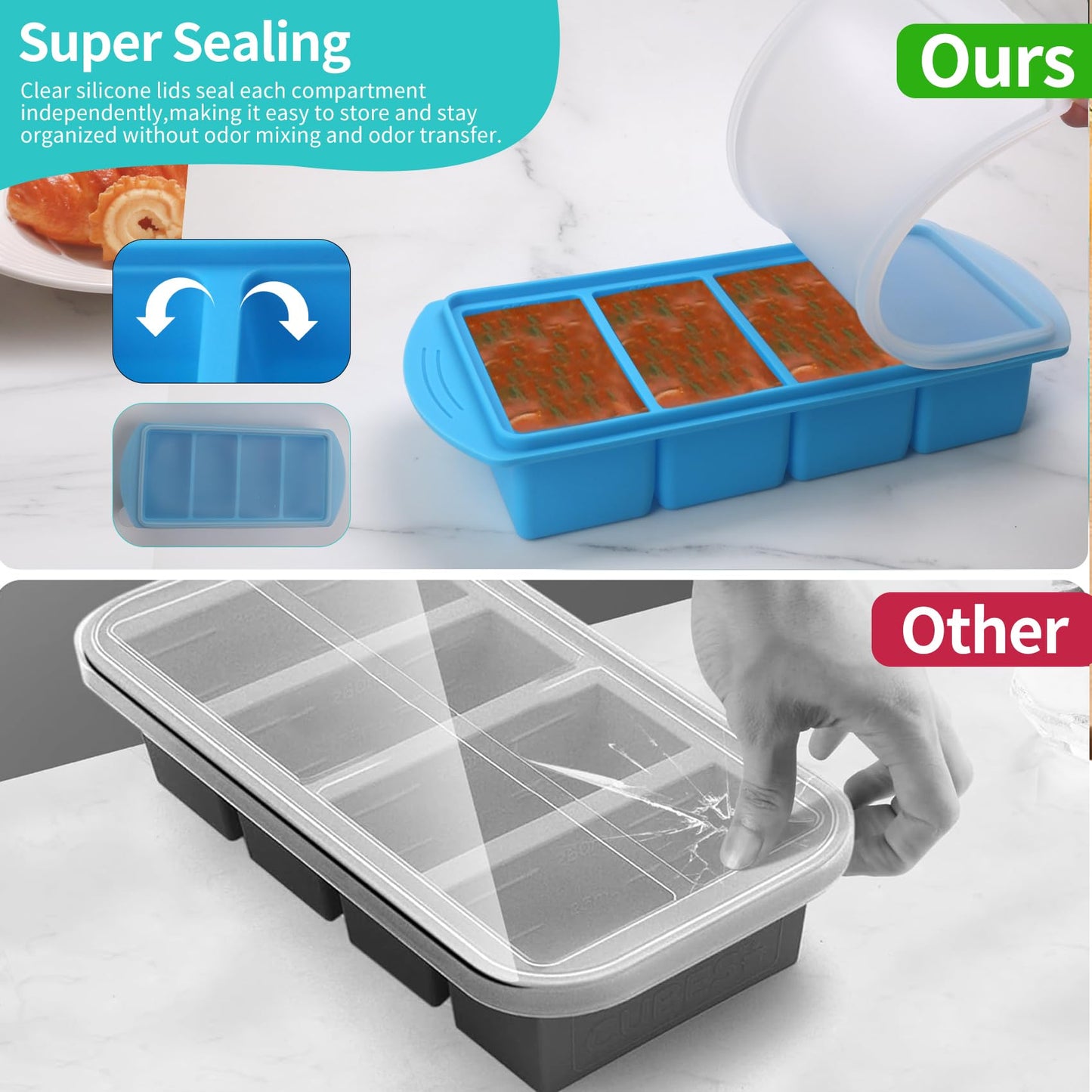 Silicone Freezer Molds Gift Set with 1Tbsp,2 Tbsp, 1/2, 1, and 2 Cup Silicone Freezer Trays With Lids - Meal Prep and Kitchen Essentials Bundle (Blue 5 Pack)
