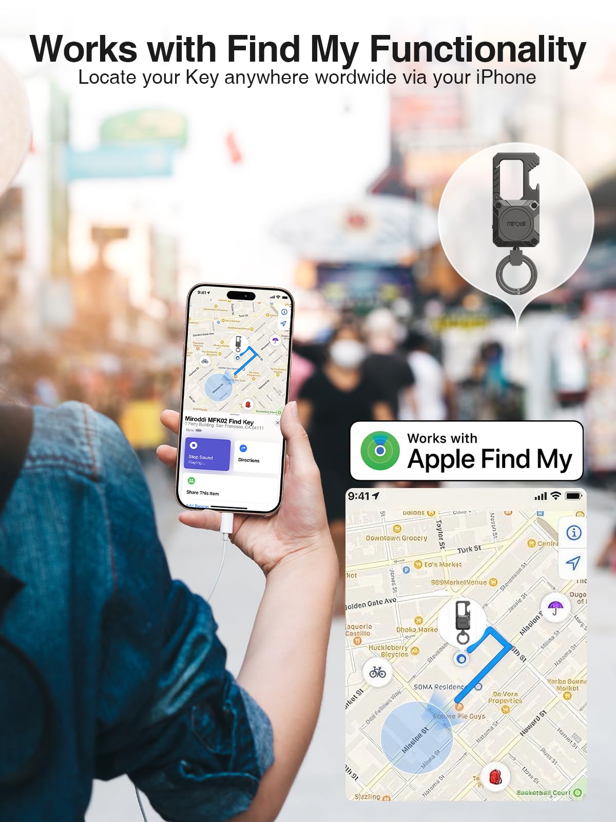 Miroddi Keychain Tracker, Men's Key Chain Works with Find My(iOS Only), Heavy Duty Keychain Carabiner Bottle Opener, Car Key Chains with Finder, Anti-lost Keyrings Tracker, Rechargeable, Gunmetal