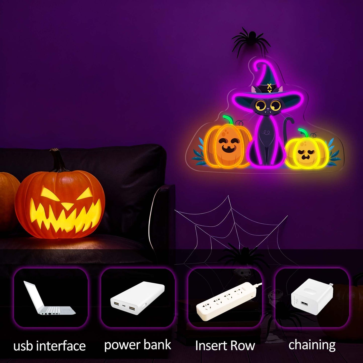 Happy Halloween Neon Sign, Cool Dimmable Light Up Halloween Pumpkin Neon Light Up Sign Gift USB Powered for Kids Bedroom, Living Room, Bar, Party, Shops, Party Yard Wall Decor Home Decoration (Pumpkin & Cat)