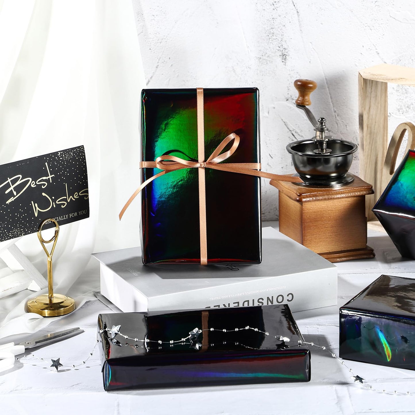 LeZakaa Black Wrapping Paper Roll, Holographic Iridescent Wrapping Paper for Birthday, Valentine's, Halloween, Holiday Party, Large Roll, 30 inches x 32.8 Feet (92.9 sq.ft.)