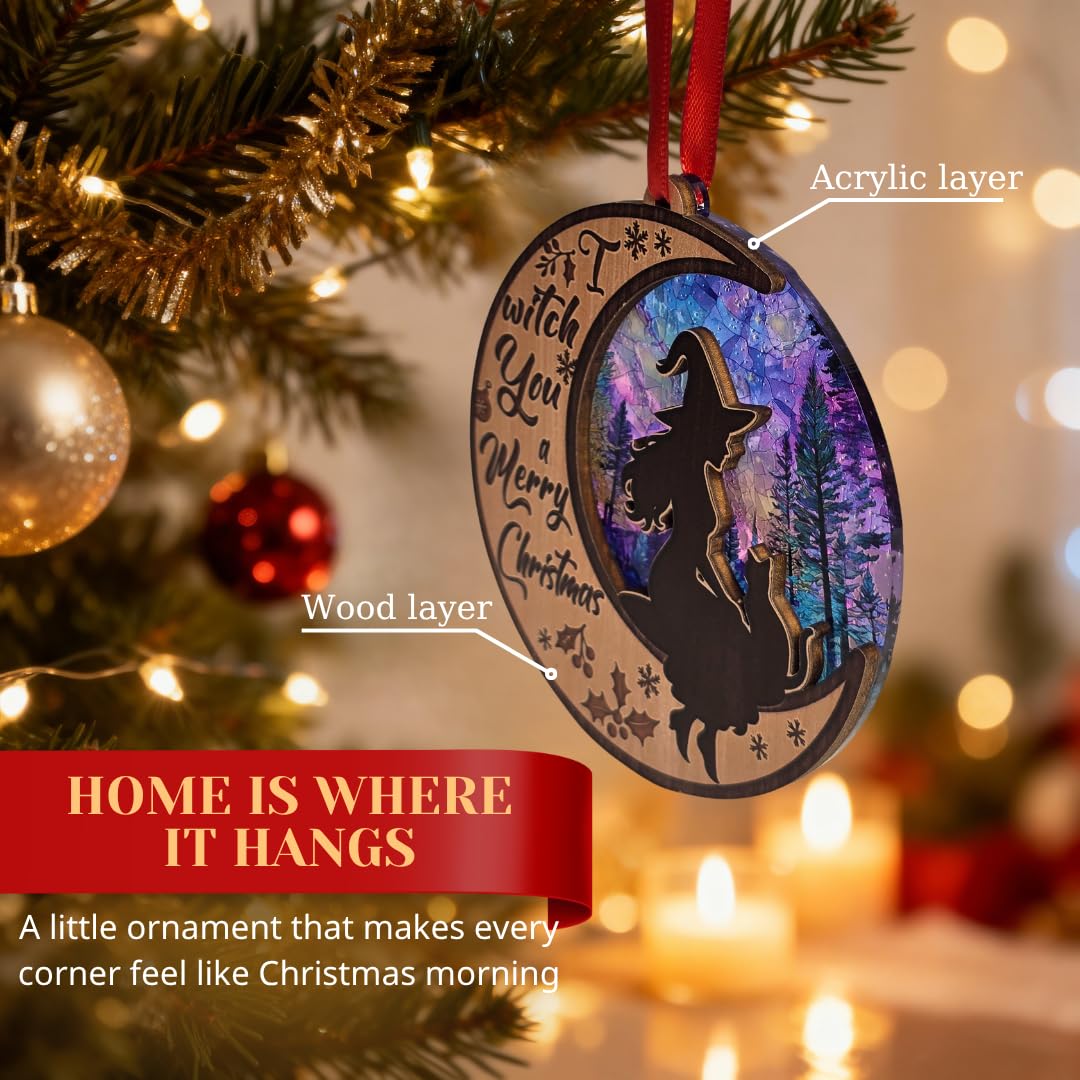 Witchy Christmas Ornaments, Shatterproof 3D Wood and Acrylic Witch Ornament on Crescent Moon, Magical and Gothic Holiday Decoration for Christmas Tree, Unique Spiritual Gift for Women, Friends