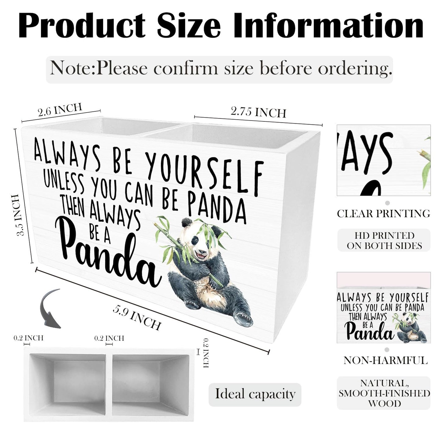 HYKDFMNCJ Panda Pen Holder for Desk, Inspirational Panda Wooden Box Sign Desk Decor for Home Office Decoration, Always Be Yourself Motivational Pencil Organizer, Pandas Lover Gifts