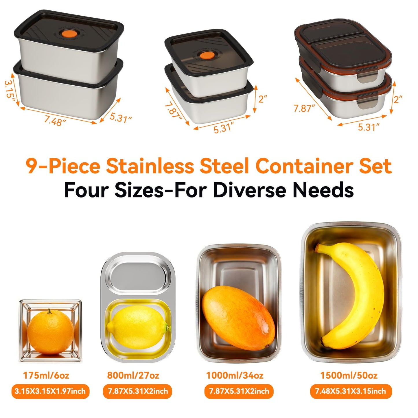 YUANYE 9 Pack 50/34/27/6oz Stainless Steel Food Storage Containers Sets, Leak-Proof Airtight Lunch Box with Lids, Small Snack Containers Oven/Dishwsher/Freezer Safe for Meal Prep, School, Work, Picnic