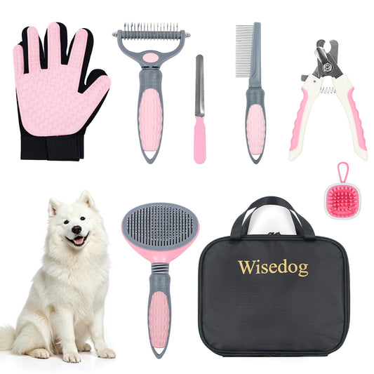 Wisedog Dog Grooming Kit 7PCS - Cat Nail Clipper with Nail File, Dematting Comb for Dogs, Flea Comb, Bath Brush, Hair Removal Mitts (Upgraded Pink)