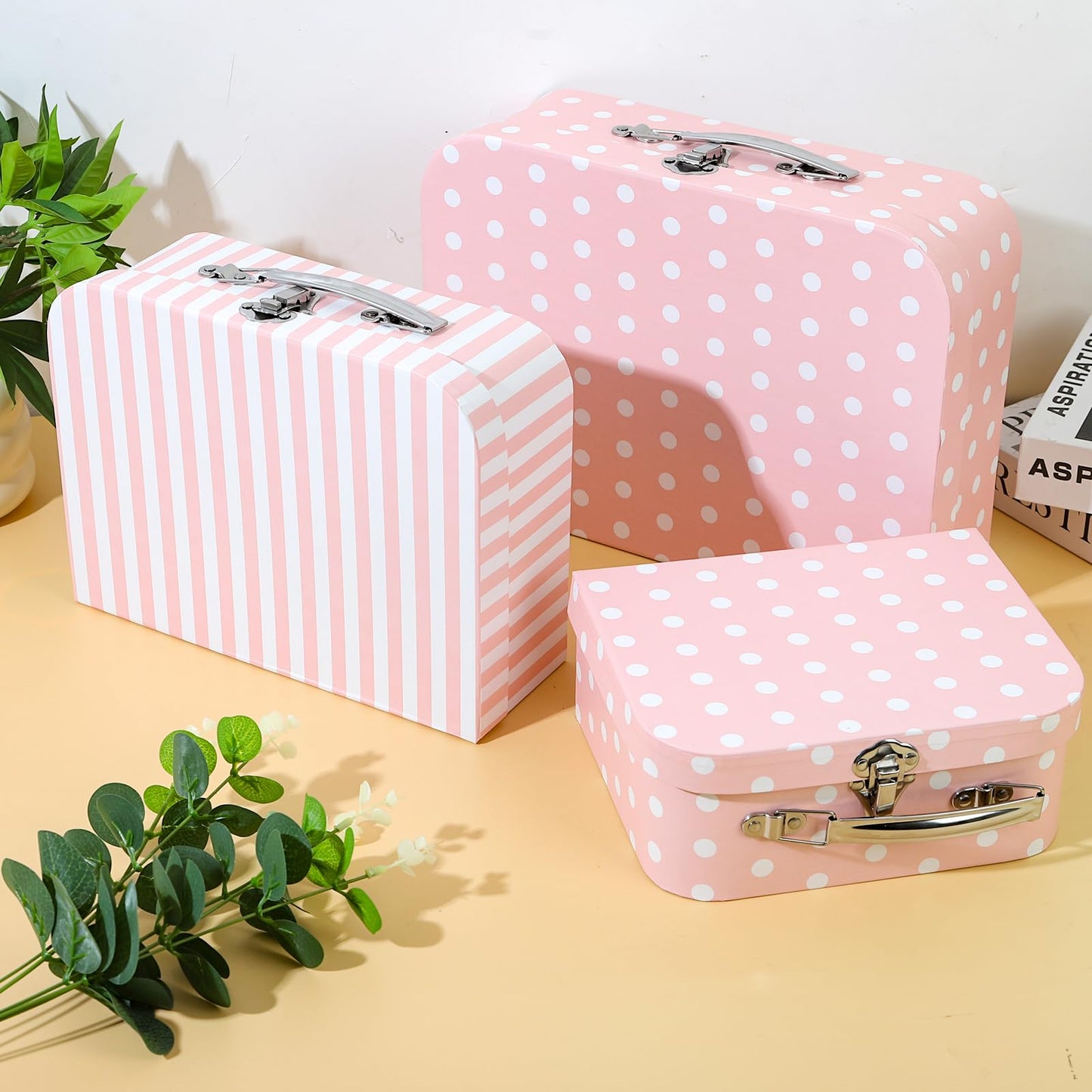 Dloulqz Paperboard Suitcases Set of 3 Decorative Storage Boxes with Lids,Mini Suitcase,Cute Storage Gift Boxes for Barbie Doll,Toys,Photos,Hat,Christmas New Year,Wedding Birthday Party Home Decoration