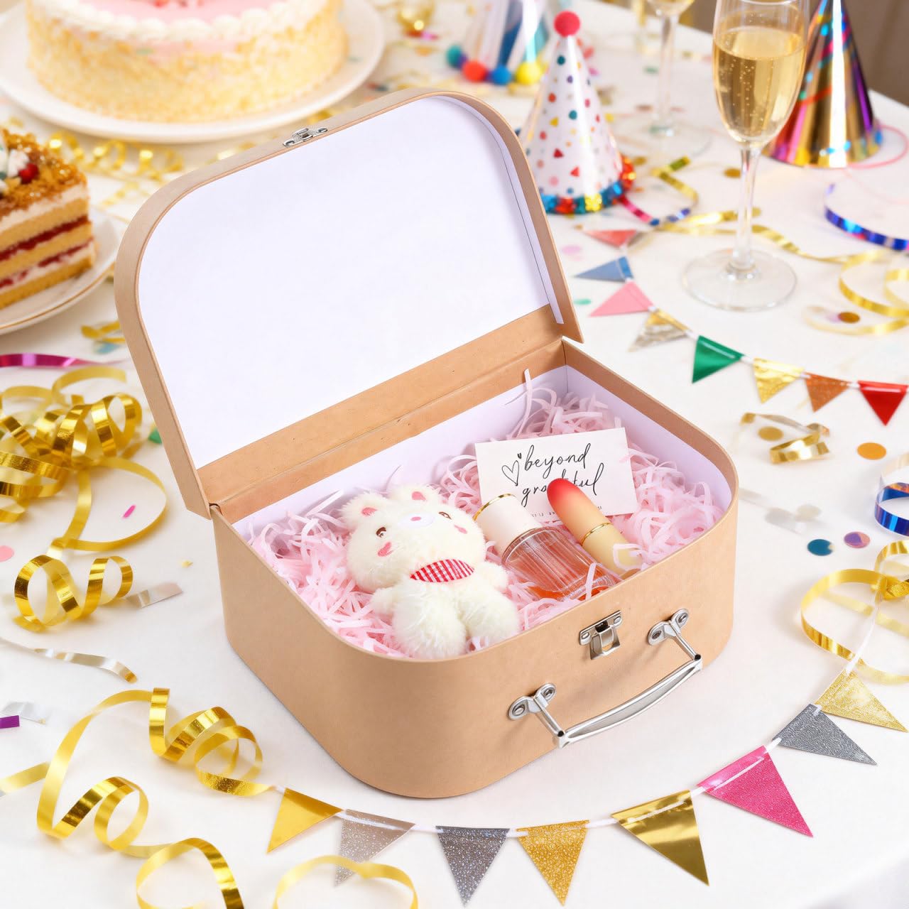 TEHAUX 10" Premium Kraft Paper Suitcase Gift Box with Metal Handle & Latch, Rustic Mini Cardboard Trunk for Bridesmaid Proposal, Keepsake Storage and DIY Wedding Party Favors (Light Brown)