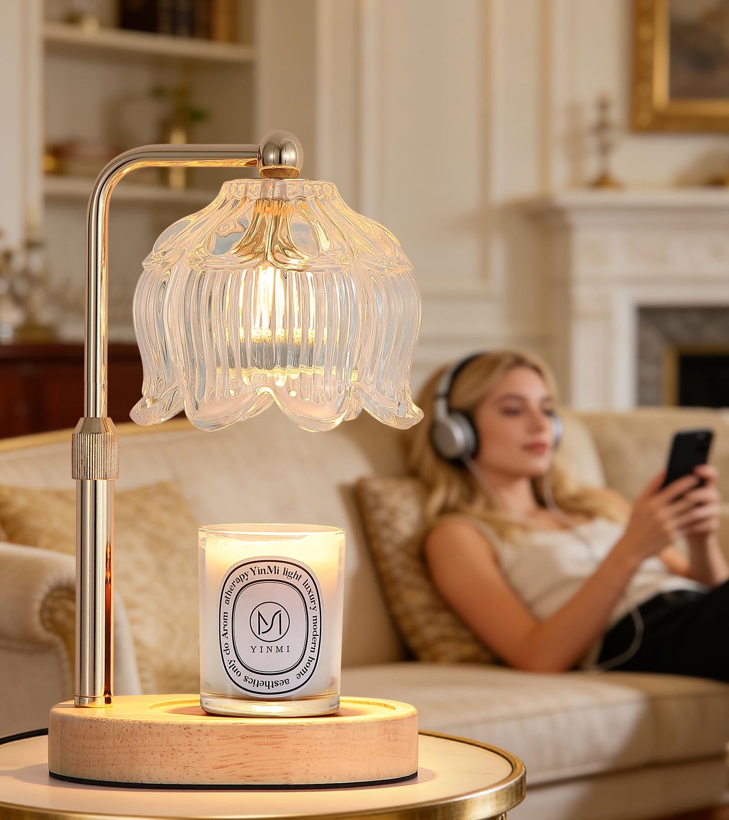 Gold Candle Warmer Lamp for Flower-Shaped Glass,Wax Melt Warmer for Jar Candles,Candle Warmer Lamp with Timer Dimmable, Birthday Mother's Day Valentines Gifts for Women Mom Sister Wife Bedroom