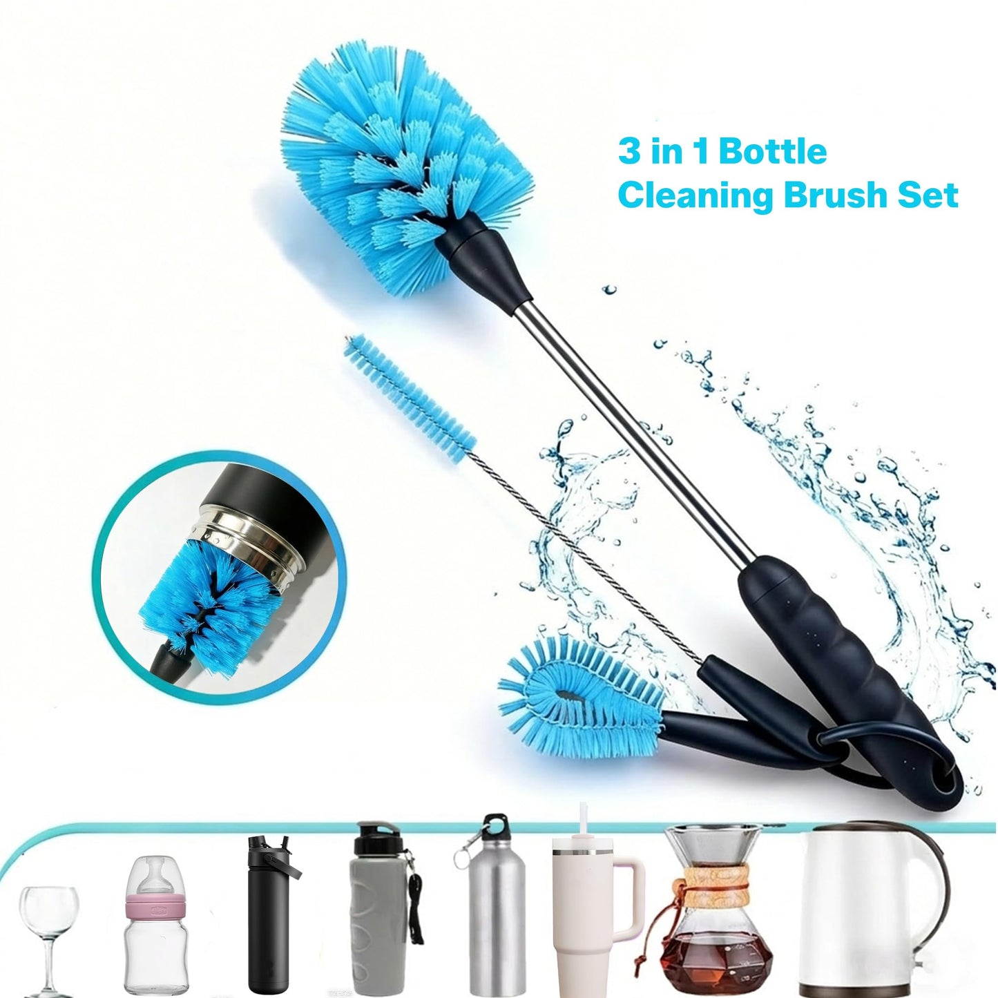 NubpoHyl 3-in-1 Water Bottle Cleaning Set: 15" Long Handle Brush, Straw Cleaner & Detail Scrubber - Professional Household Scrubber for Daily Kitchen Cleaning & Travel Mugs