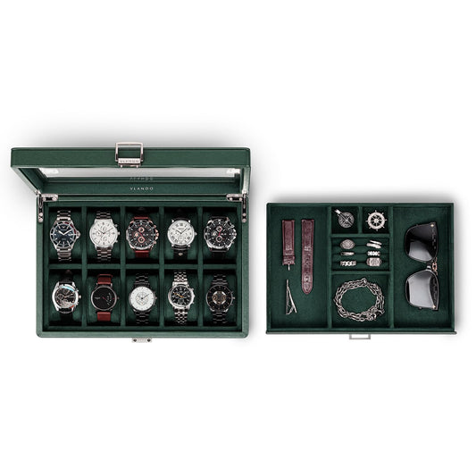 Vlando Watch Box for 10 slot, Lockable Watch Case with Textured Leather, 2 Layer Watch Holder for Rings, Bracelets, Glasses, Glass Lid, Removable Divider, Gift for Fathers, Husband, Friend, Dark Green
