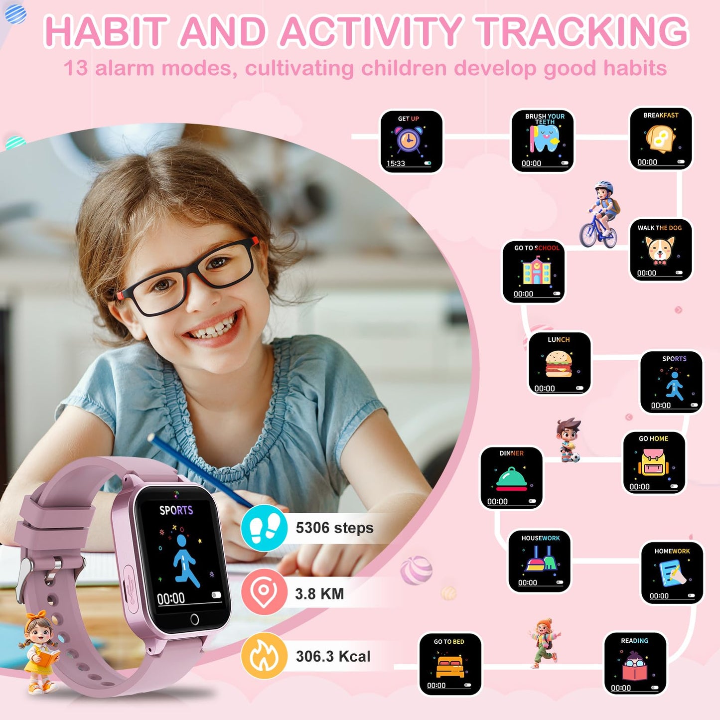 Bakoor Smart Watch with Games, Kids Watch Gift for Girls Age 5-12, 1.54'' HD Touch Screen Watches with Video Camera Music Player Pedometer, Toys Birthday for Boys Ages 4 5 6 7 8