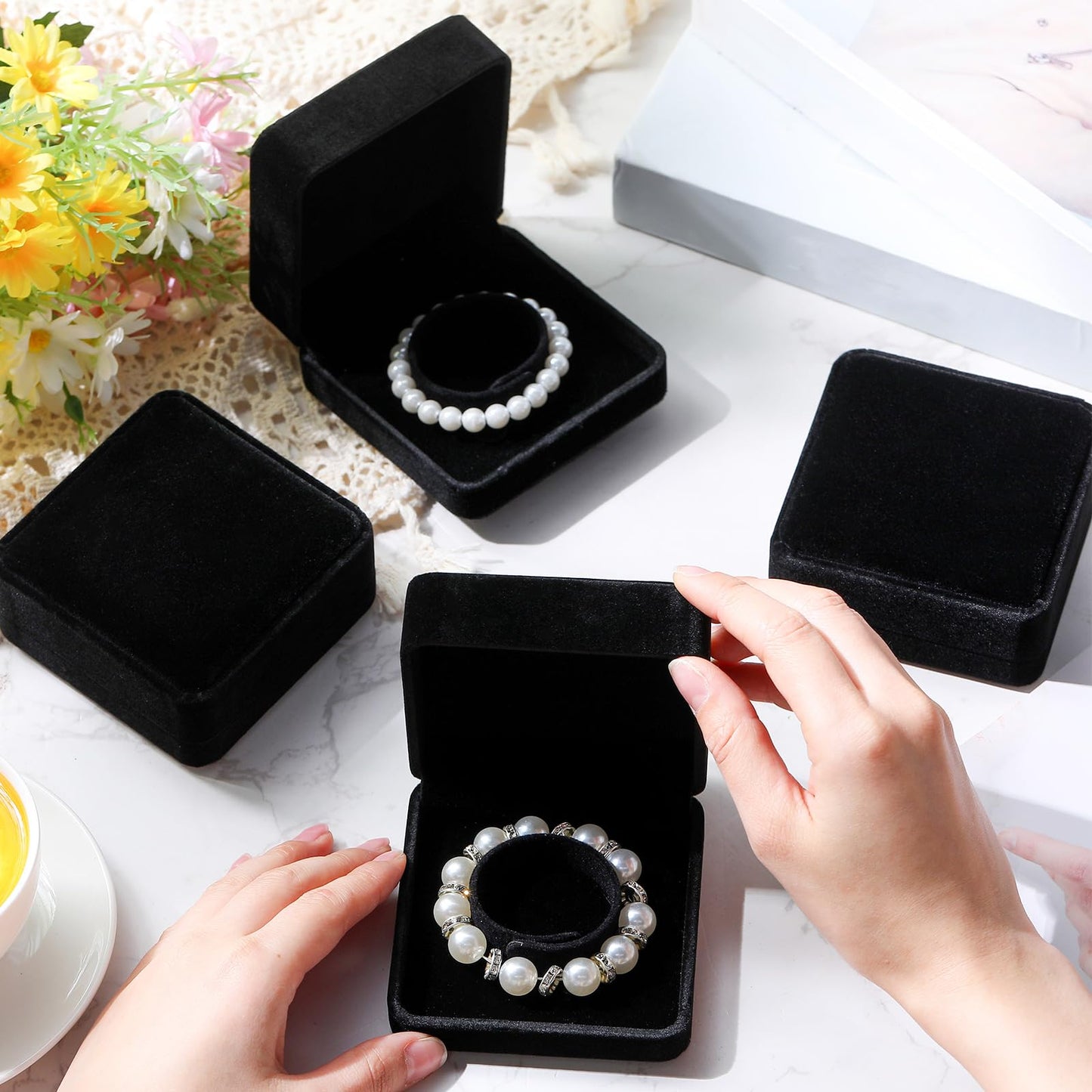JaGely 6 Pcs Jewelry Gift Boxes for Bracelets Black Velvet Bracelet Bangle Boxes 3.5x3.5x1.6 Inch Women Small Jewelry Storage Case Organizer for Birthday Wedding Proposal Anniversary, Black