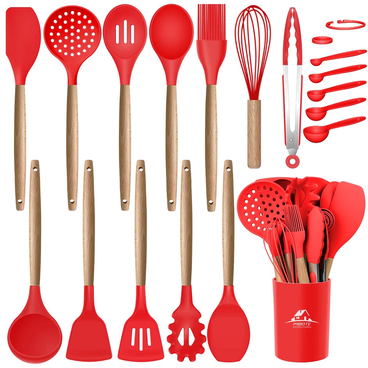 MIBOTE Silicone Cooking Utensils Kitchen Utensil Set - 446°F Heat Resistant,Turner Tongs, Spatula, Spoon, Whisk, Wooden Handle Kitchen Gadgets with Holder for Nonstick Cookware Christmas (Red)