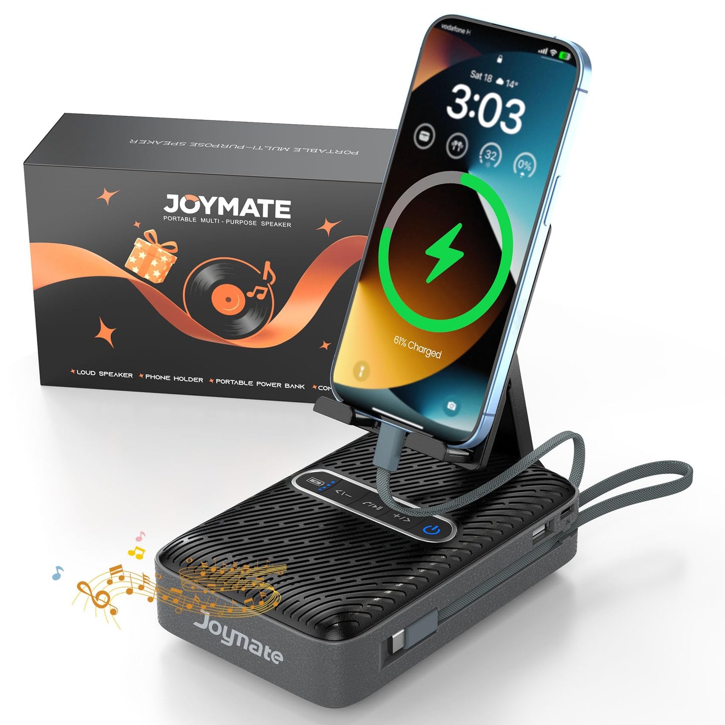 Joymate Gifts for Men Women, Charging Phone Stand with Bluetooth Speaker Valentines Day Gifts for Him Adjustable Cell Phone Holder for Desk with HD Stereo Sound Fits Phones,Tablet (Black)