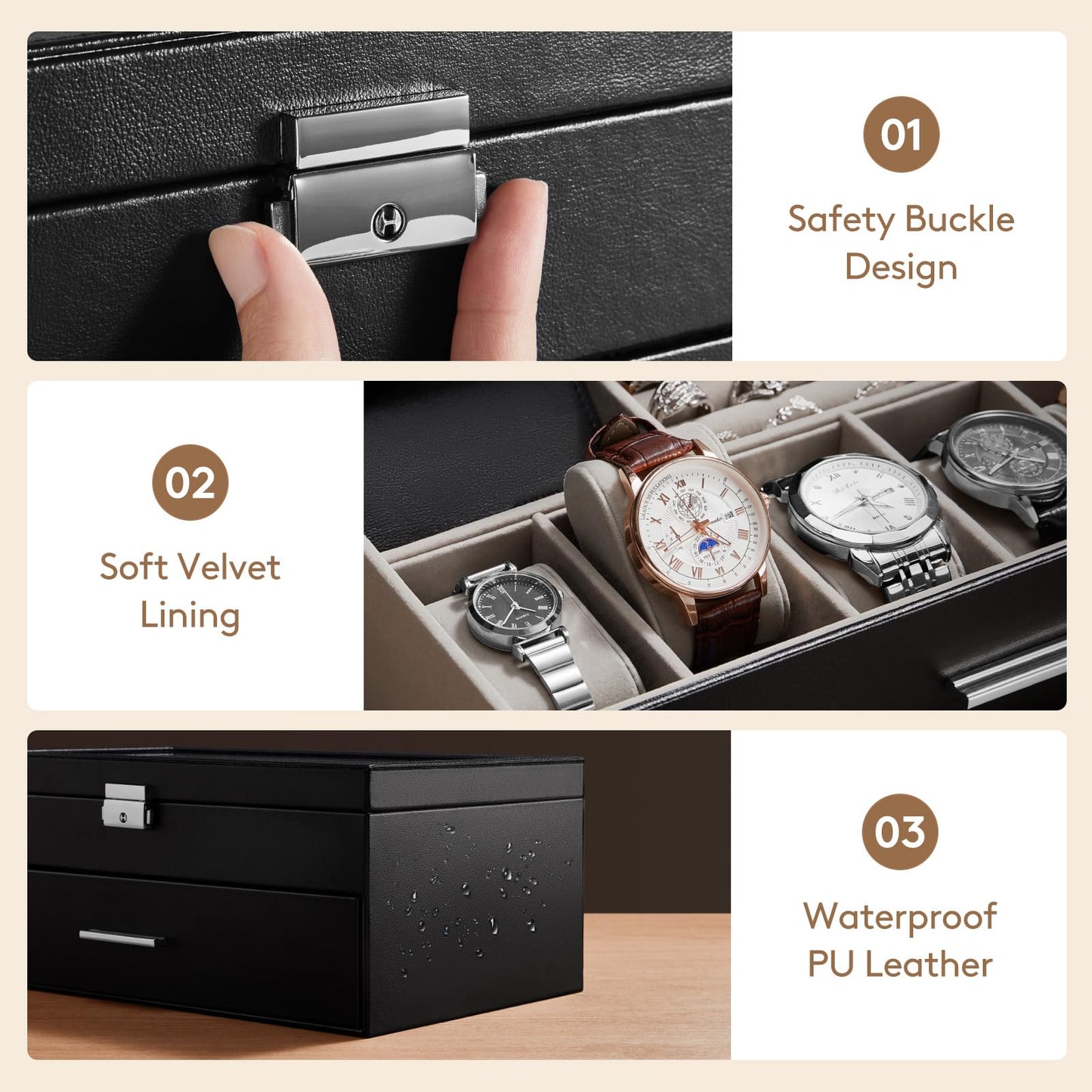 Lifewit 2- layer Sunglasses Organizer with Glass Lid, 6 Slots eyeswear and Watch box, Spaces for Rings, Brooch, Multiple Eyeglasses Display Case for Men, Inky Black, 35 x 20 x 13 cm/14 x 8 x 5 inch