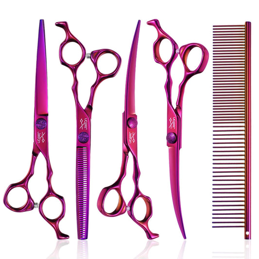 JASON Purple 6 in 1 Dog Grooming Scissors Set - Professional Thinner Set - 7" Thinning, Straight, Up-Curved, Down-Curved Scissors and Comb for Dog Cat Pet with Adjustable Screw