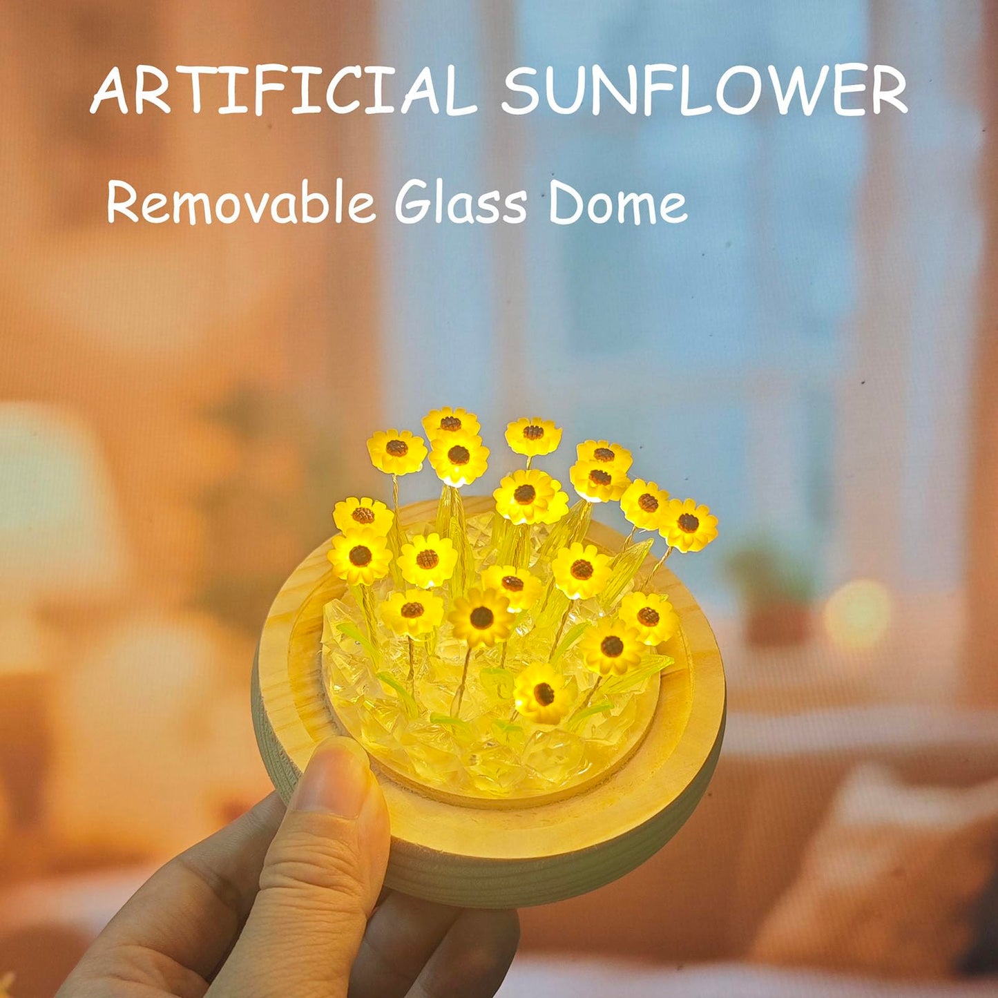 Sewinde Unique Sunflower Mothers Day Gifts for Mom, Sunflowers Night Light Small Glass Flower Lamp with Wooden Base for Home Decor,Cute Birthday Gift for Woman Girlfriend Sister Grandma Wife Her