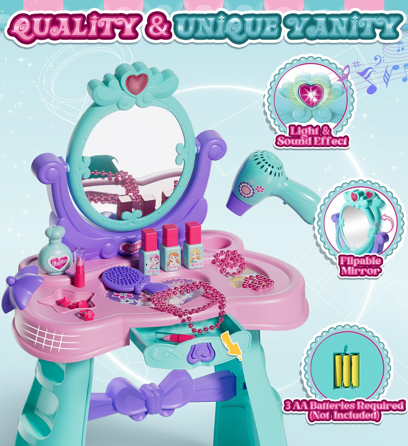 Lehoo Castle Kids Vanity Table and Chair Set with Mirror Light Music, Toddler Girls Makeup Table with Stool ＆ Hair Dryer, Pretend Play Princess Dress Up Vanity Set, Birthday Gifts for 3 Year Old Girl