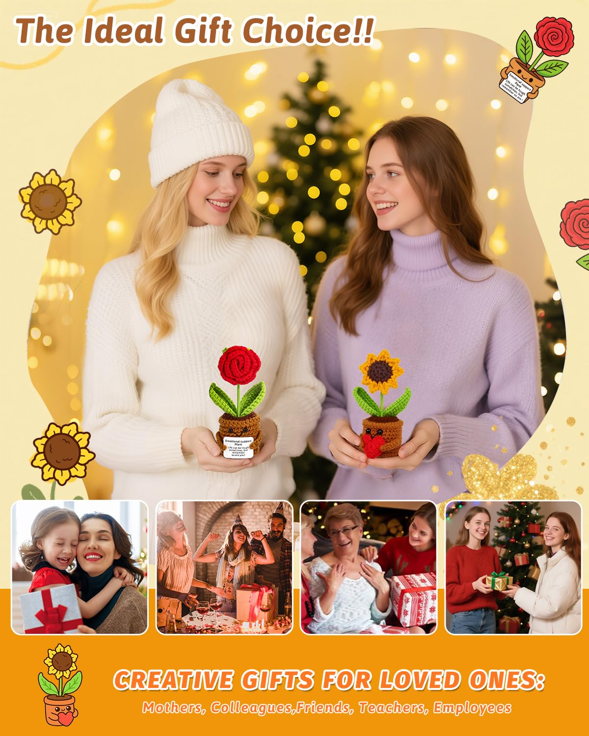 Argefkeen 2pcs Knitted Flowers Sunflower Gifts for Women Handmade Knitted Planters with Card Gifts Birthday Gifts for Women Mom Family Friend Teacher Coworker Xmas Party (2pcs)