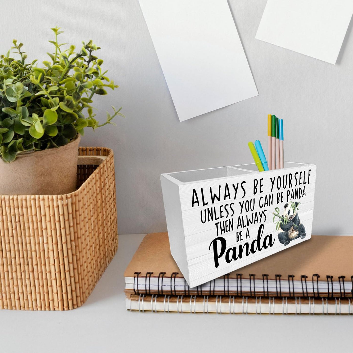 HYKDFMNCJ Panda Pen Holder for Desk, Inspirational Panda Wooden Box Sign Desk Decor for Home Office Decoration, Always Be Yourself Motivational Pencil Organizer, Pandas Lover Gifts