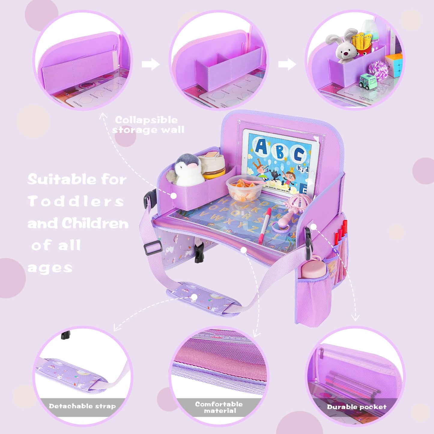 MENZOKE Kids Travel Tray for Toddler Car Seat, Toddler Gift for Girl Activities with Dry Erase Board & iPad Holder Stand, Road Trip Essentials Accessories Lap Tray for Girl as Birthday Gift, Purple