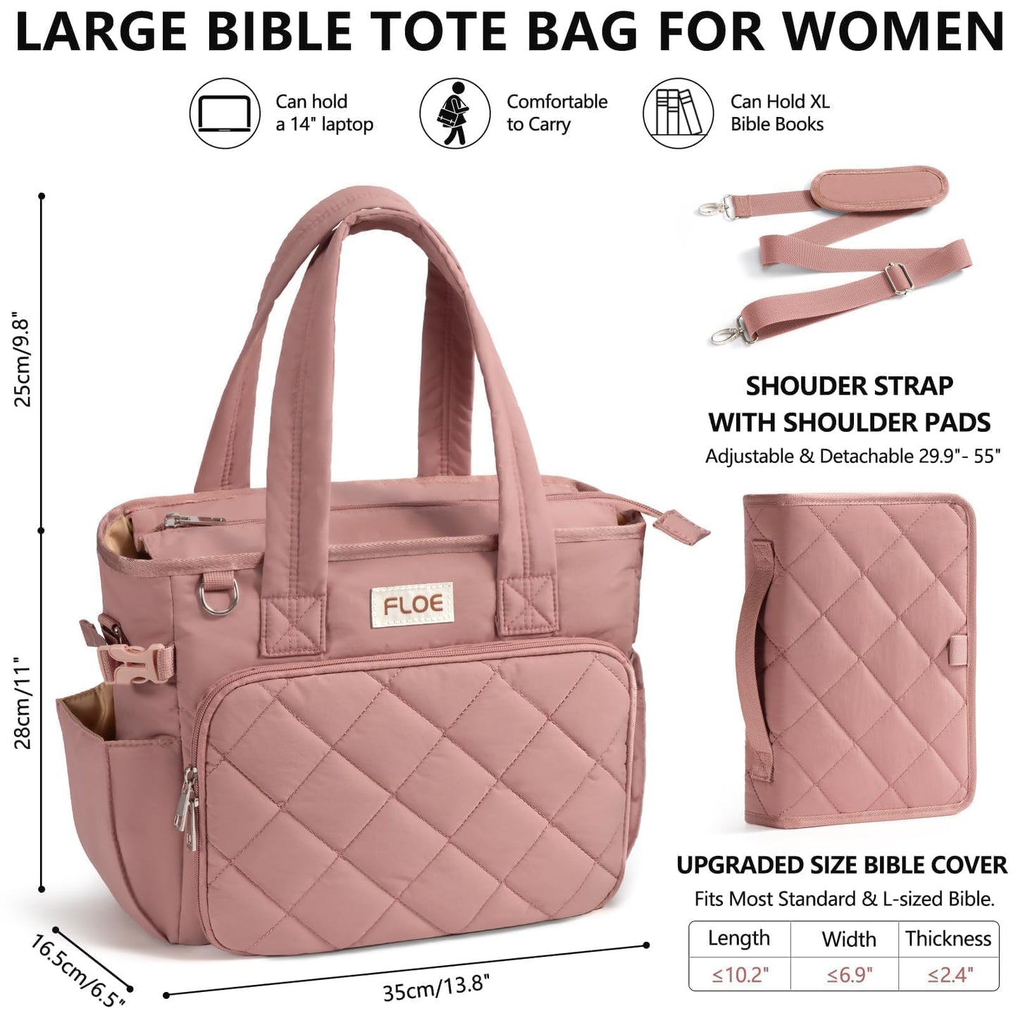 Large Bible Bag w/Bible Cover Case for Women, Puffer Bible Tote Bag Quilted Church Bag Book Carrying Case w/Shoulder Strap, Bible Study Supplies Journaling Kit Accessories Women Christian Easter Gift