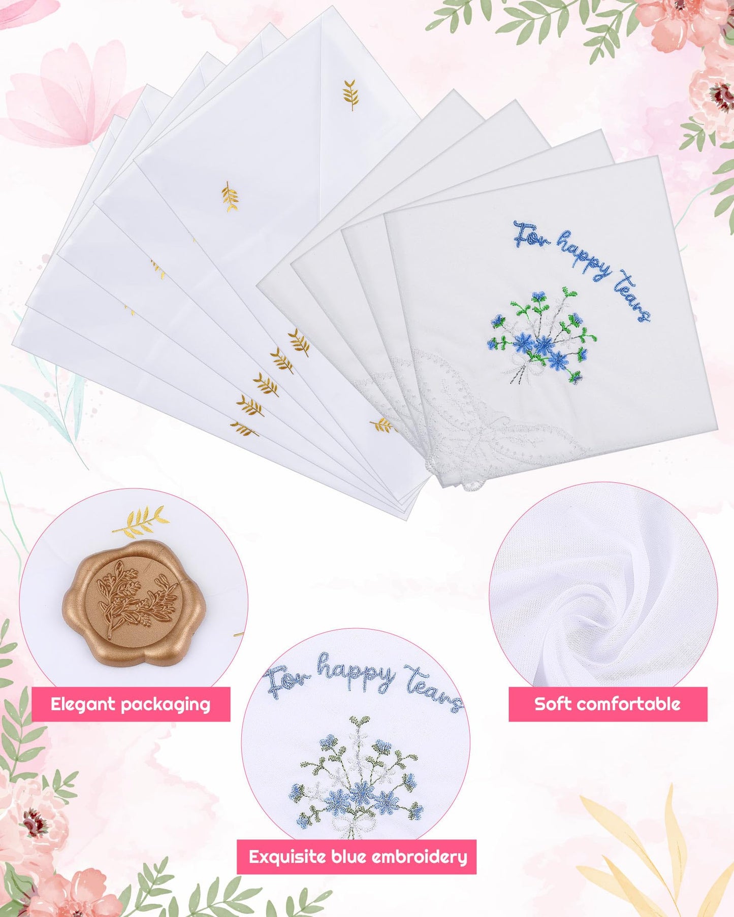 12 Set 6/12 Sets Embroidered For Happy Tears Wedding Handkerchiefs 11" x 11" with Lace Mother of the Bride Gifts for Bride Party
