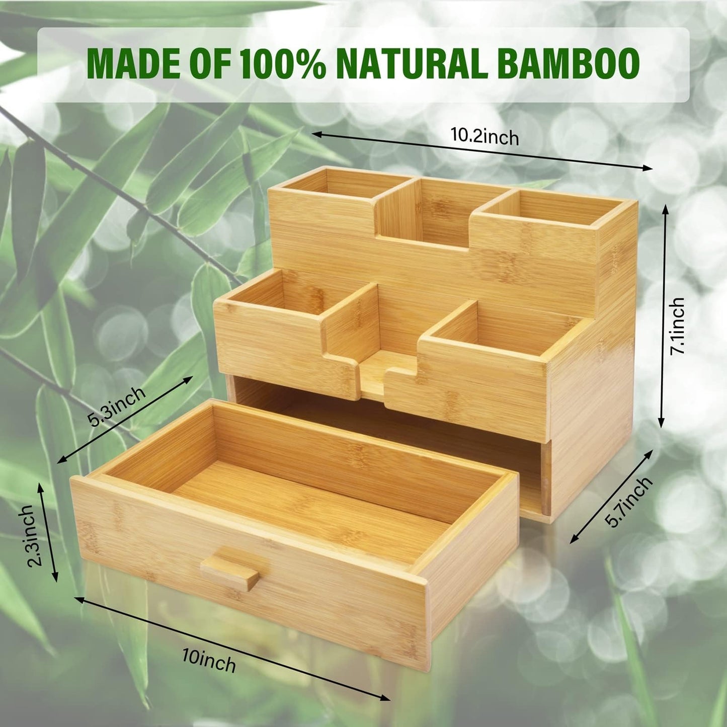 Charmlife Bamboo Desk Organizer - Makeup & Pen Storage with Drawer & Pencil Holder for Office Organization