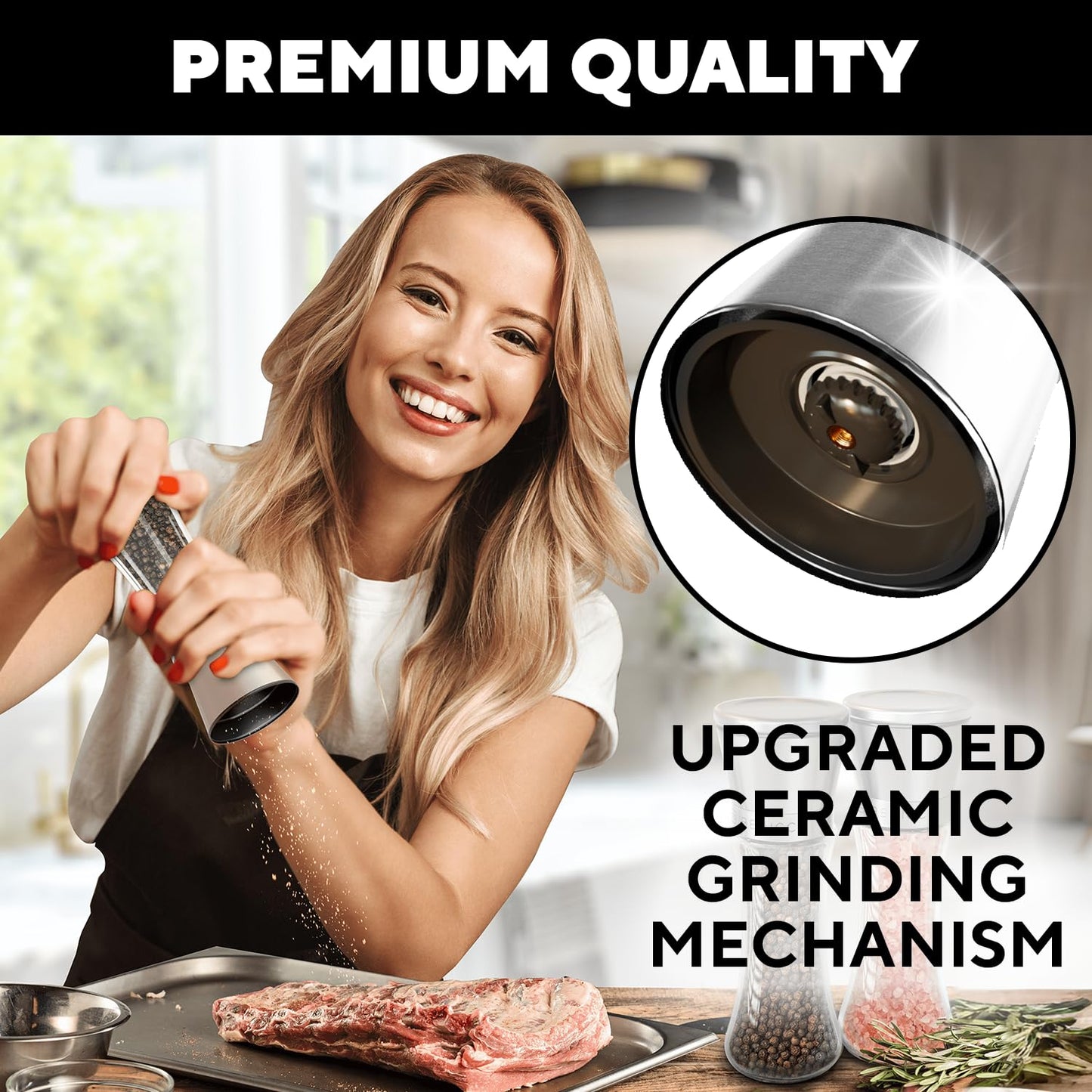 Premium Salt and Pepper Grinder Set of 2 - Two Refillable Stainless Steel Sea Salt & Spice Shakers with Adjustable Coarse Mills - Easy Clean Ceramic Grinders w/BONUS Silicone Funnel & Cleaning Brush