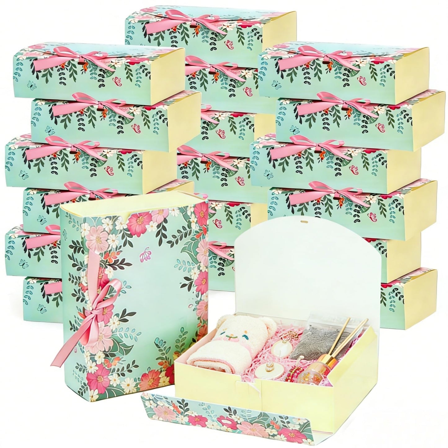 ZAVOOS 20 Pack Gift Boxes with Lids, 10.6 x 7.8 x 3.1 Inch Paper Floral Bridesmaid Proposal Box with Ribbon, Large Decorative Treat Boxes for Presents, Spring Wedding, Birthday, Mother's Day
