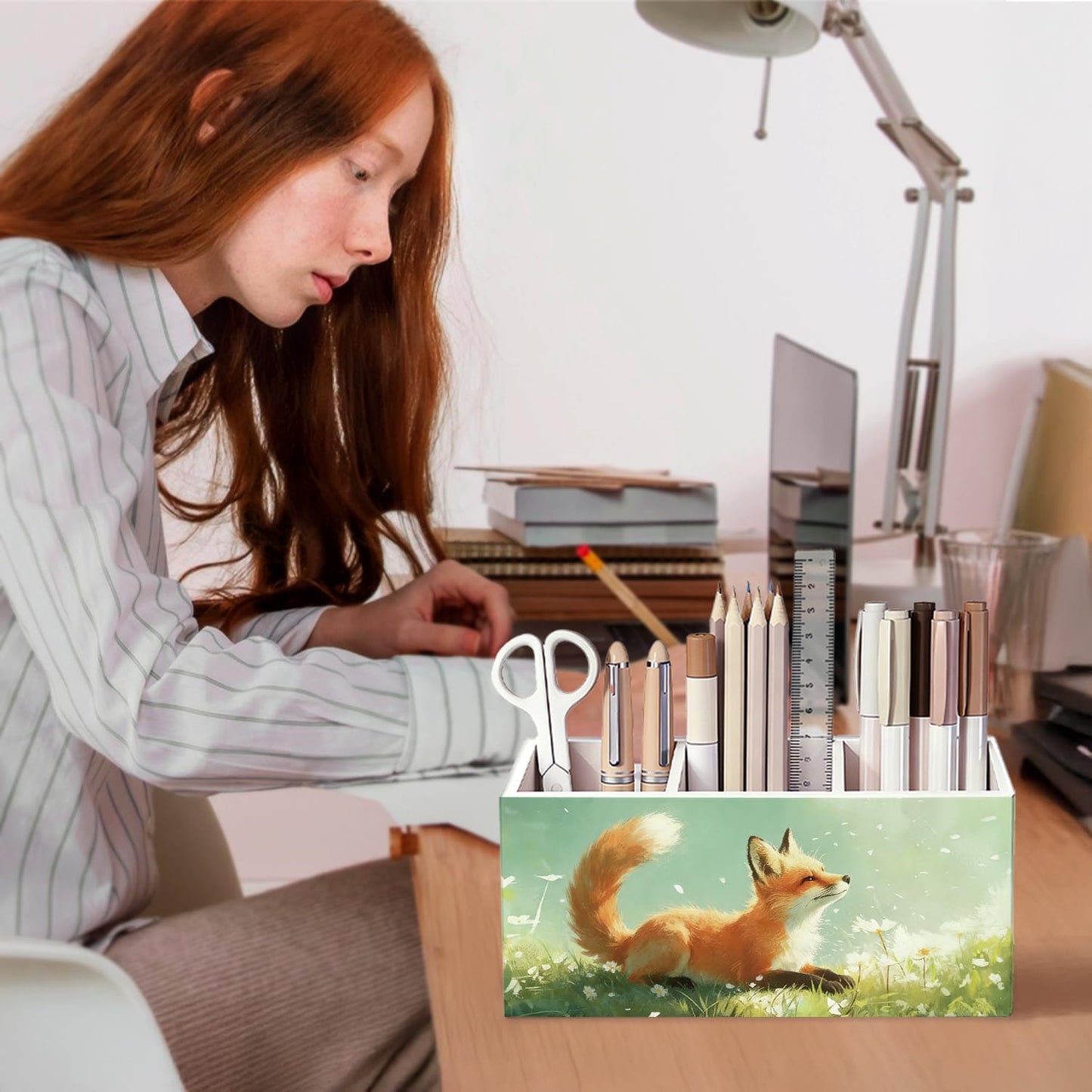 SkyCozy Fox Pen Pencil Holder for Desk, Fox Gifts for Women Men, Animal Lovers Gifts, Rustic Wildflower Wild Animal Wooden Box Sign Decorations for Kids Room Bedroom Home Office Desk Tabletop