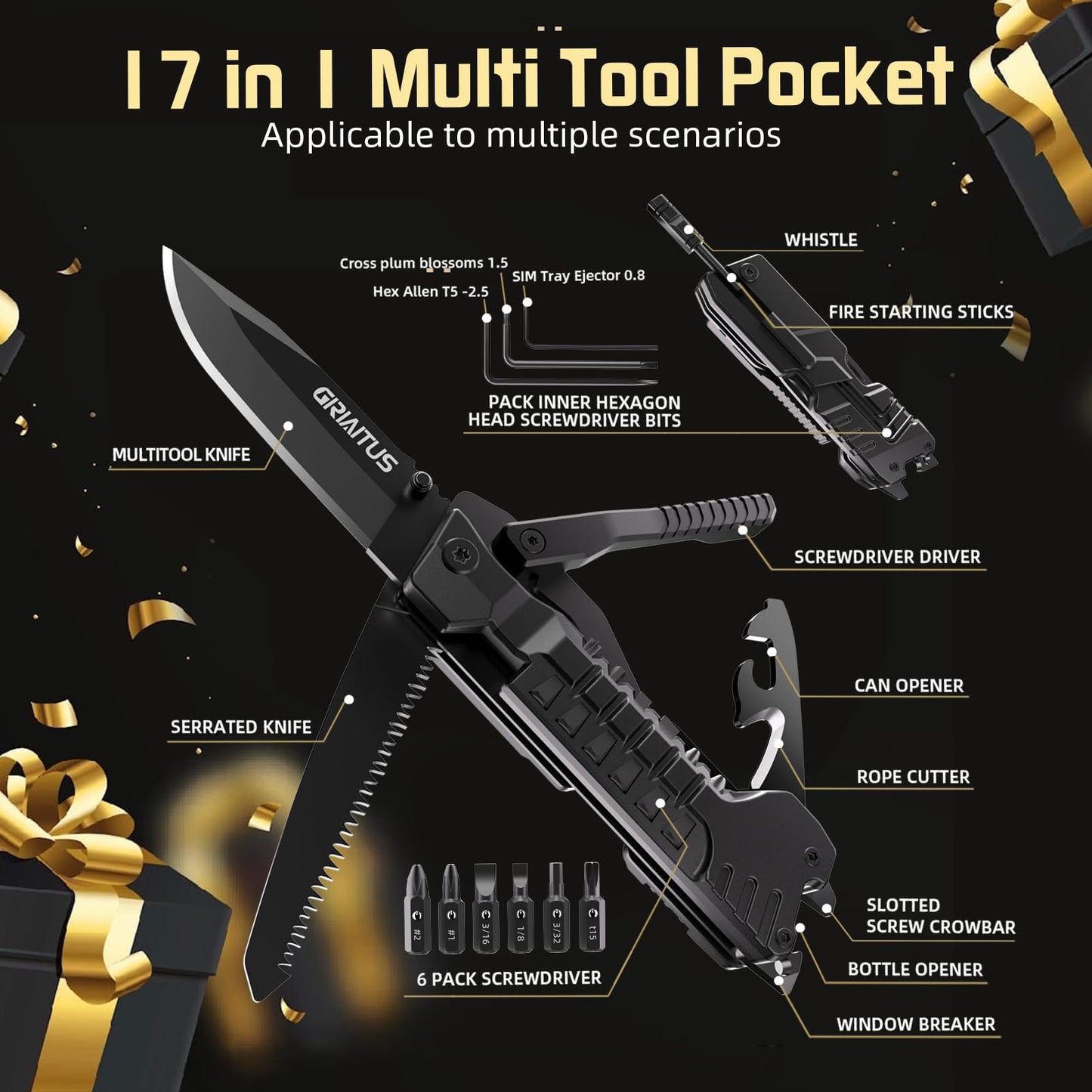 Multi-Tool Gifts for Men, Christmas Stocking Stuffers for Dad from Daughter Son, Multitool Knife 17 in 1 EDC Gear Cool Father Unique Birthday Gifts for Him Husband Boyfriend Grandpa Camping Essentials