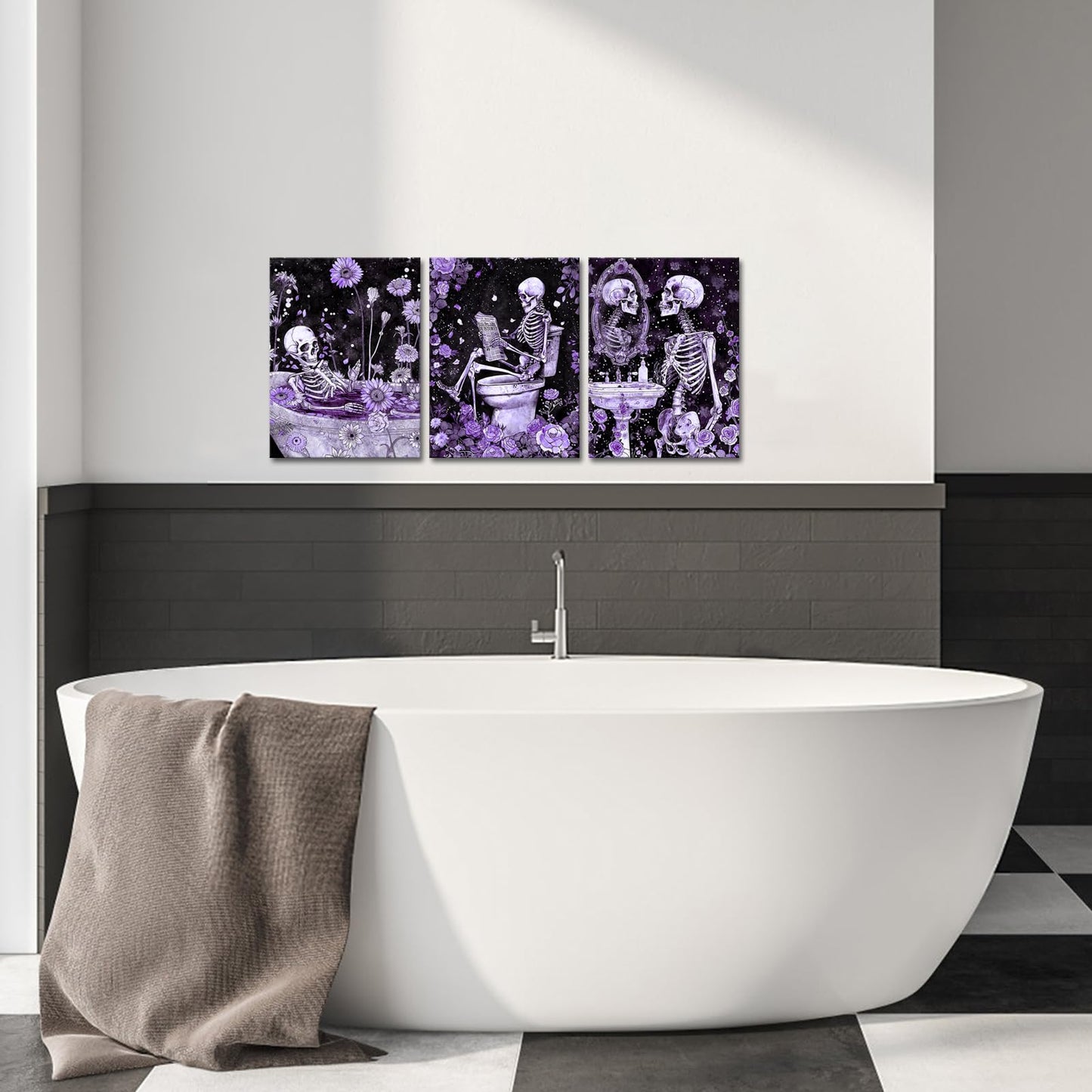 FuShvre Skeleton Bathroom Decor Moody Skeleton Wall Art Pictures for Bathroom Gothic Painting for Home Decoration Framed 12x16 inch each piece (Purple)