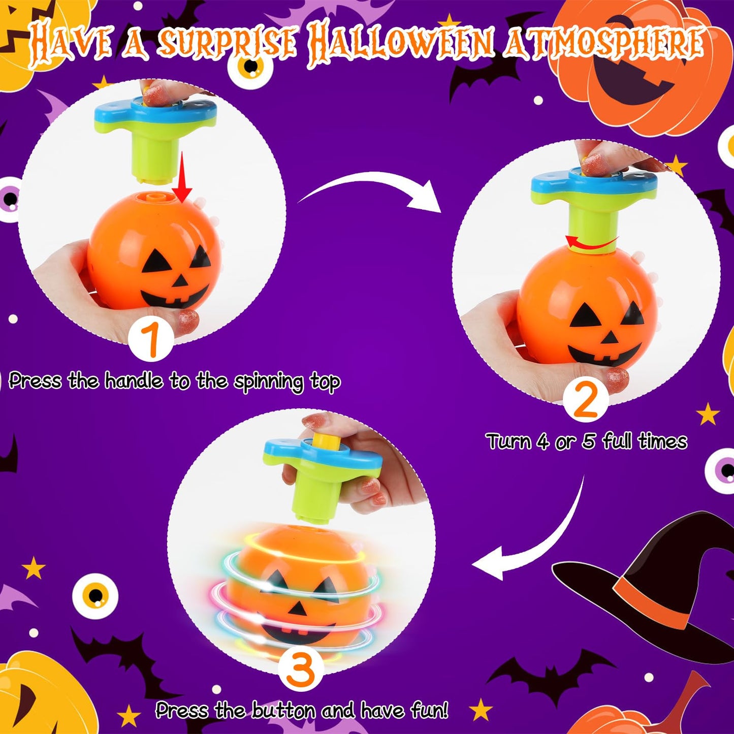 DERAYEE Halloween Basket Stuffers for Kids, 3PCS LED Pumpkin Skull Light Up Spinning Tops Halloween Spinning Toys Gifts for Halloween Party Favors Goodie Bag Fillers Classroom Rewards