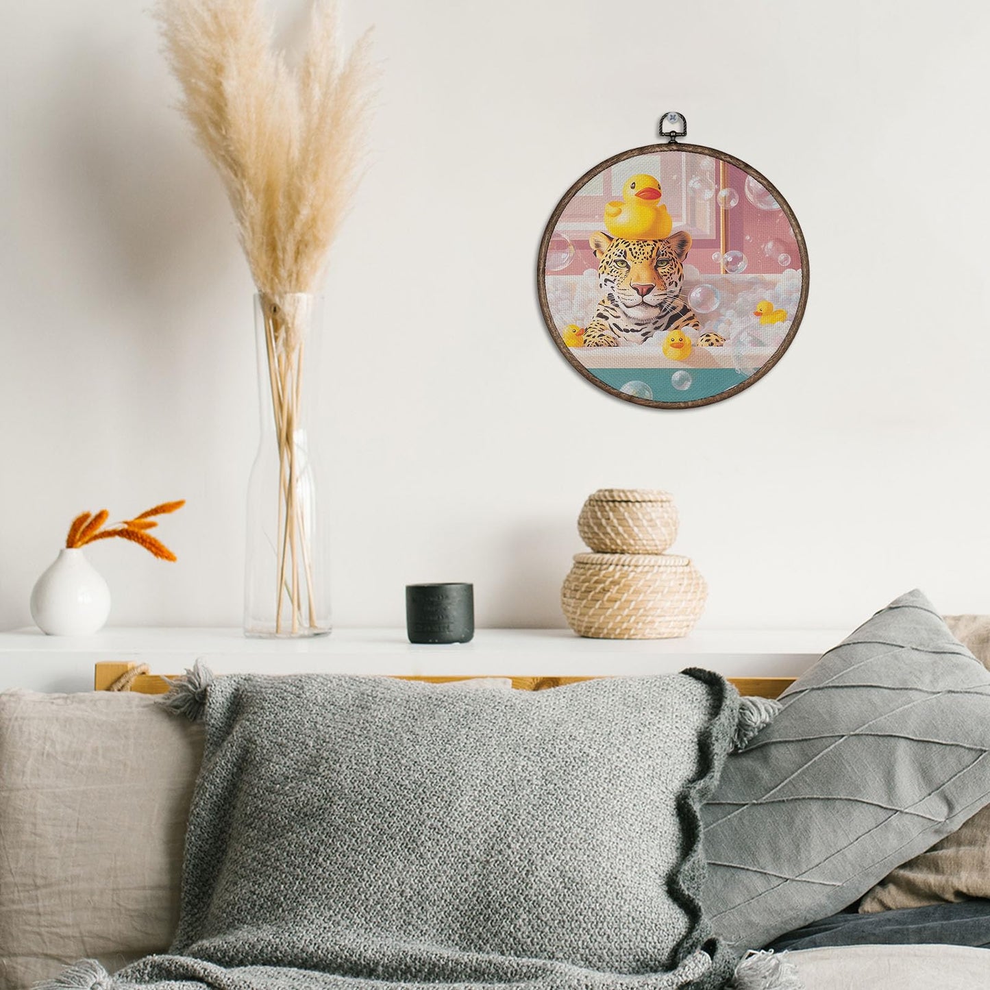 Giosve Funny Leopard Bathroom Round Wall Art Canvas Framed Poster, Retro Trendy Whimsical Cheetah in Bathtub Hanging Wall Sculptures for Bathroom Washroom Restroom Decor, 10x10 Inch YH546-YGH01
