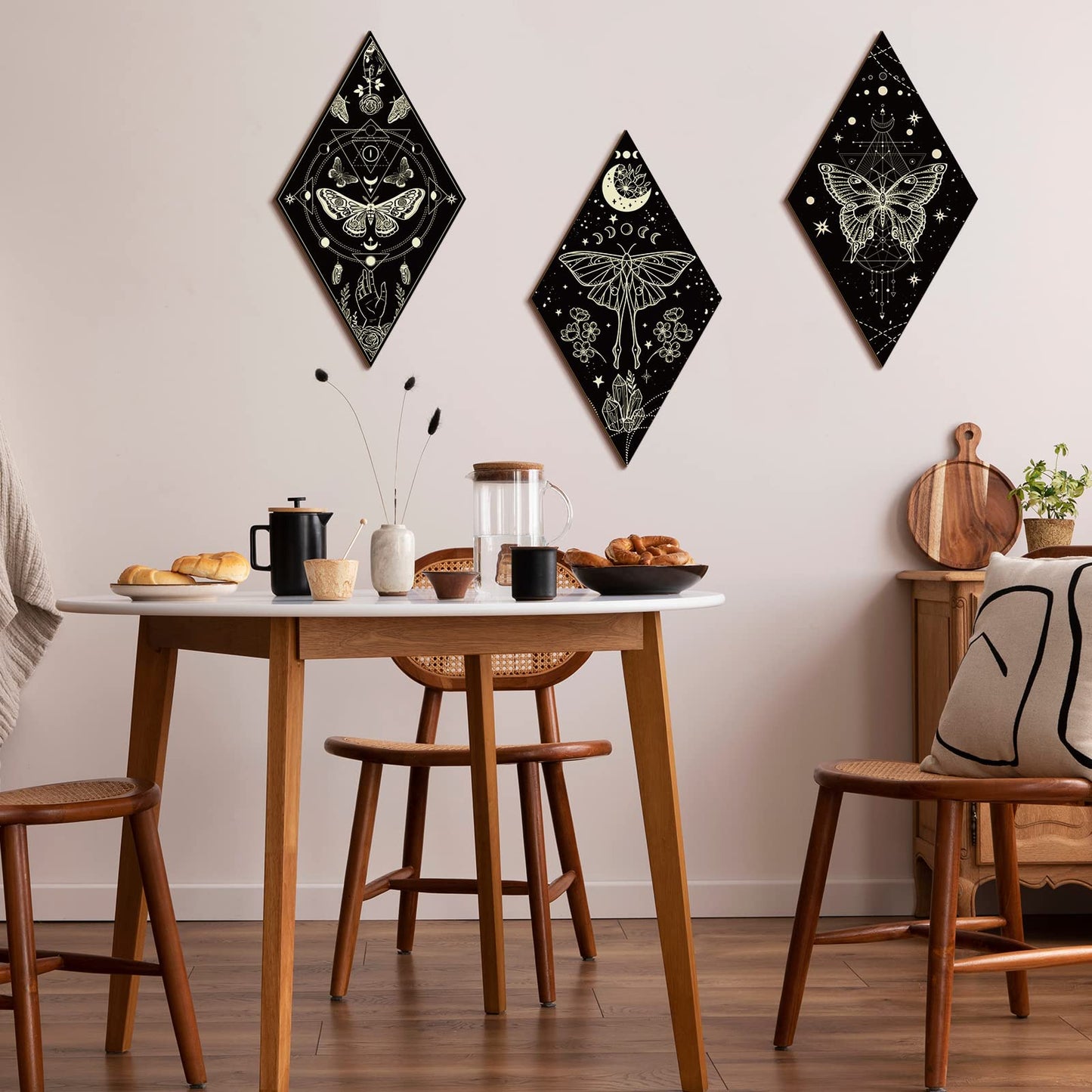 Sintuff 6 Pieces Gothic Wall Decor Boho Sun Moon Phases Wall Art Gothic Minimalist Stars Sun Hanging Wooden Home Decor Farmhouse Pediments for Gallery Living Bedroom Room(Mysterious)