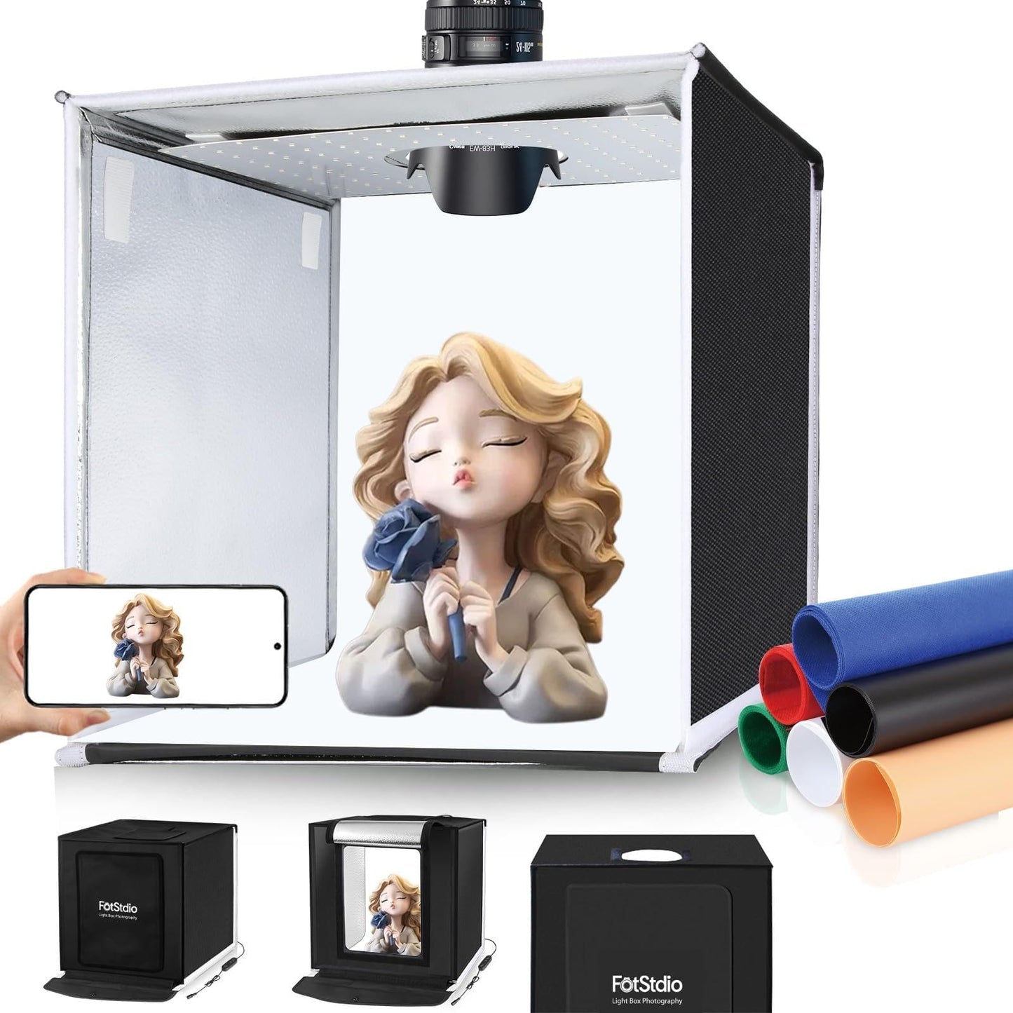 FotStdio 16x16 Inch Photo Studio Light Box Photography with 144 LEDs (CRI>95) & 6 Backdrops, Portable/Dimmable Folding Shooting Tents for Toys/Jewelry/Watches/Cosmetics/Food