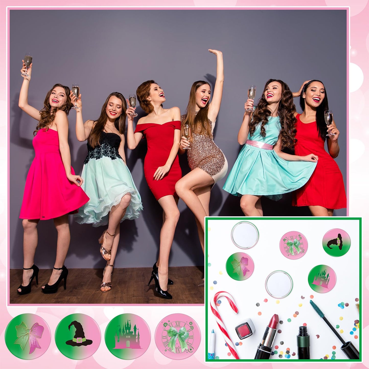 Marsui 24 Pcs Green and Pink Birthday Party Favors Witch Gifts for Girl Women Bulk Witch Mini Compact Mirror 2.76 Inch Portable Pocket Makeup Mirror for Goody Bags Stuffer Bridal Travel Friends
