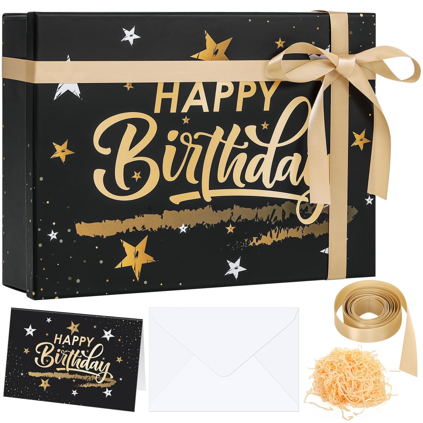 Ctosree Black Happy Birthday Gift Box with Lid for Presents, 13.5 x 10 x 4 Inch Gold Black Large Luxury Star Foldable Cardboard Box for Gift Packing, Contains Card, Envelope, Ribbon, Raffia Grass
