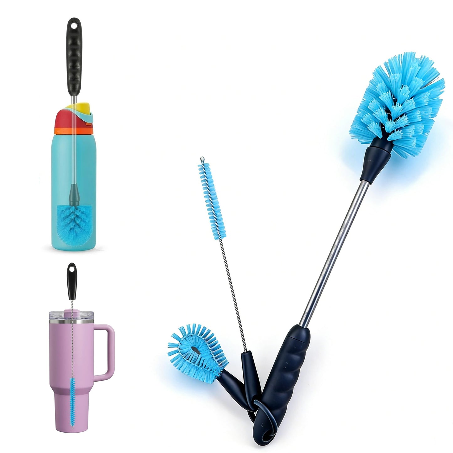NubpoHyl 3-in-1 Water Bottle Cleaning Set: 15" Long Handle Brush, Straw Cleaner & Detail Scrubber - Professional Household Scrubber for Daily Kitchen Cleaning & Travel Mugs